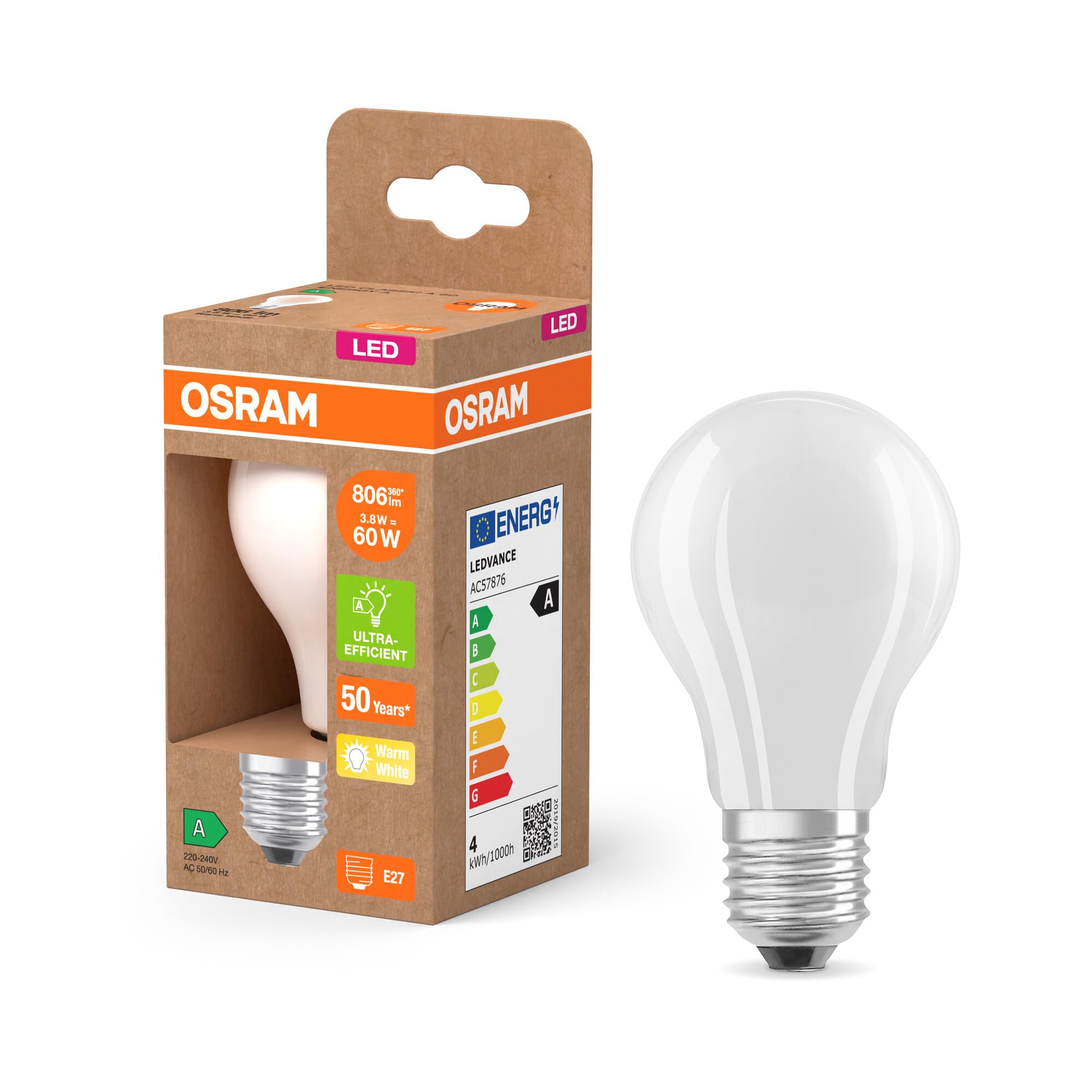 Osram LED Superstar Classic LED-Lampe A 60 in klassischer Kolbenform aus gefrostetem Glas, 3.8 W, 806 lm, E27 Fassung, 2700 K für warmweißes Licht, EEK A, 60 mm Durchmesser, White