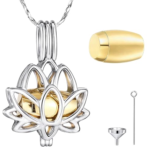 MeMeDIY Stainless Steel Urn Necklaces for Ashes Cremation Jewelry for Ashes Mini Keepsake Urn Memorial Ash Jewelry Lotus Flower Shape Urn Necklace Engraved Text