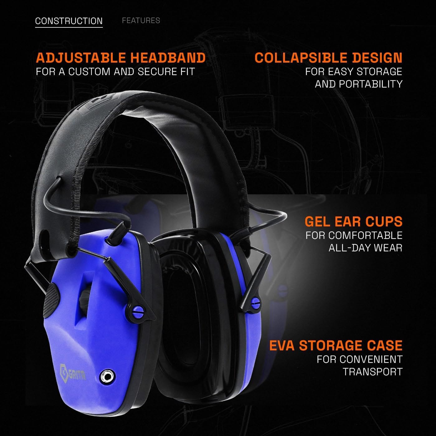 GRITR Electronic Hearing Protection for Shooters - Shooting Range Ear Protection for Noise Reduction w/5X Sound Amplification