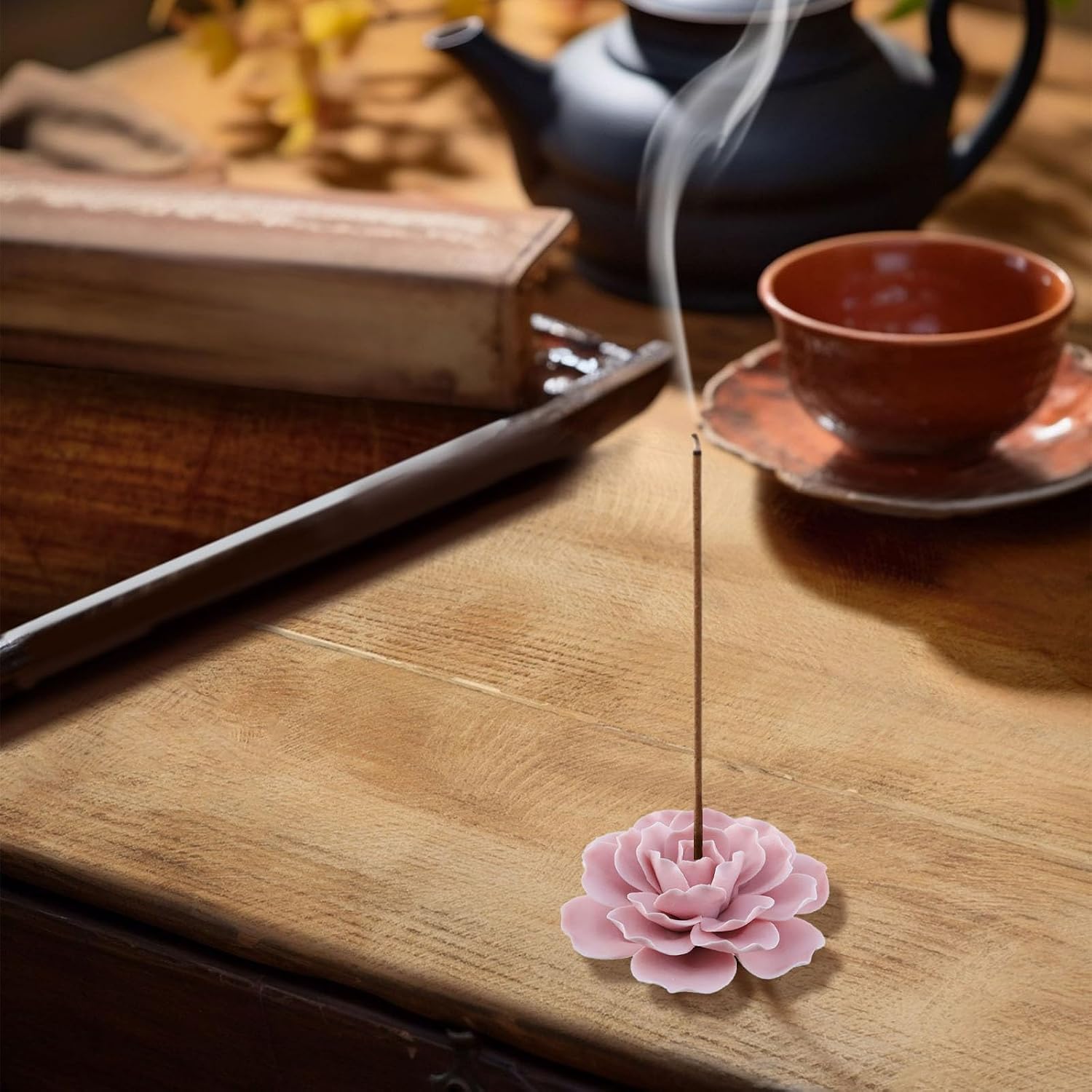 Bitray Ceramic Lotus Incense Holder Pink Flower Ash Catcher for Meditation