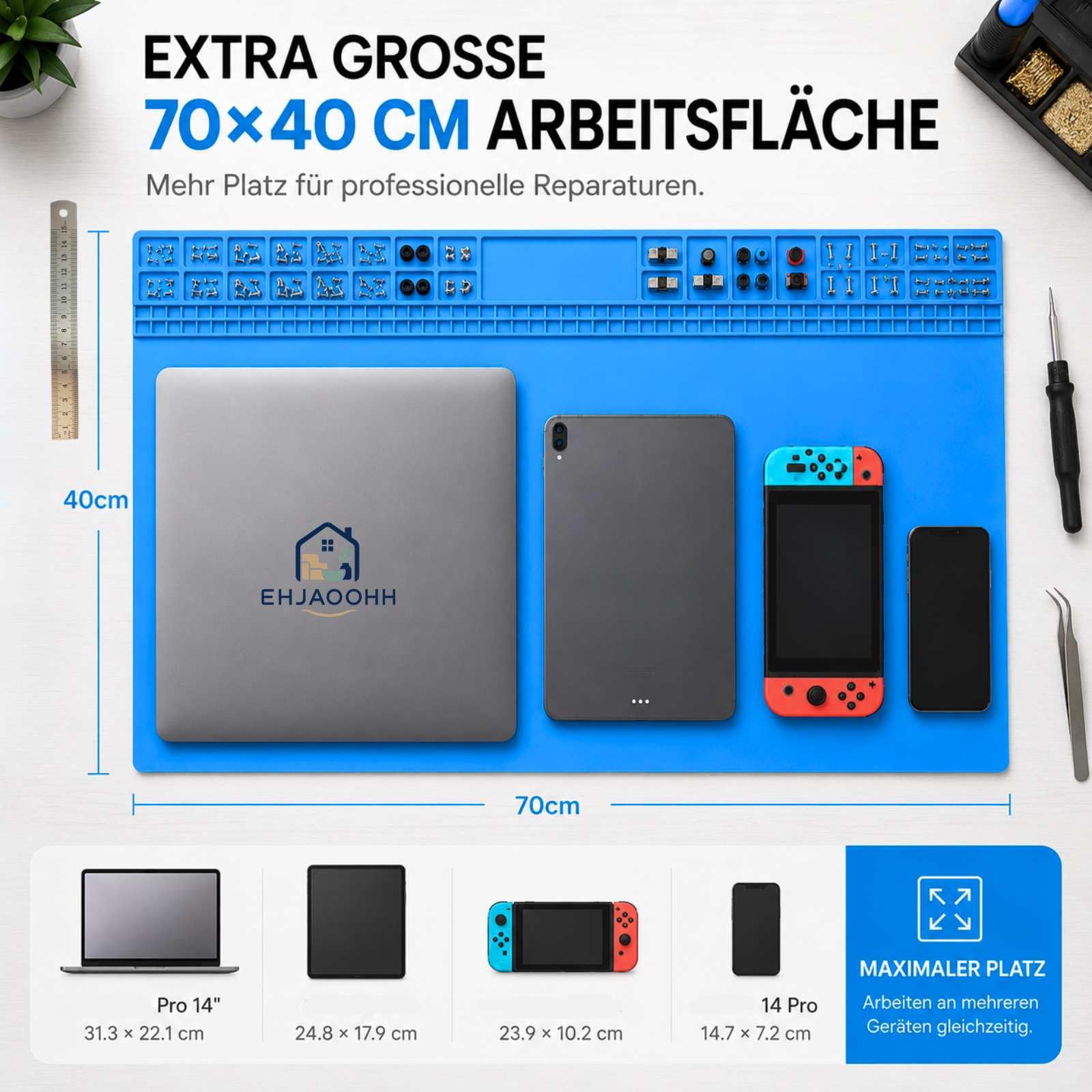 Tapis de Soudure en Silicone 70×40 cm Antistatique Résistant à la Chaleur | Support de Réparation Électronique Pliable pour Électronique Téléphone PC Bijoux Maintenance avec Grande Surface de Travail