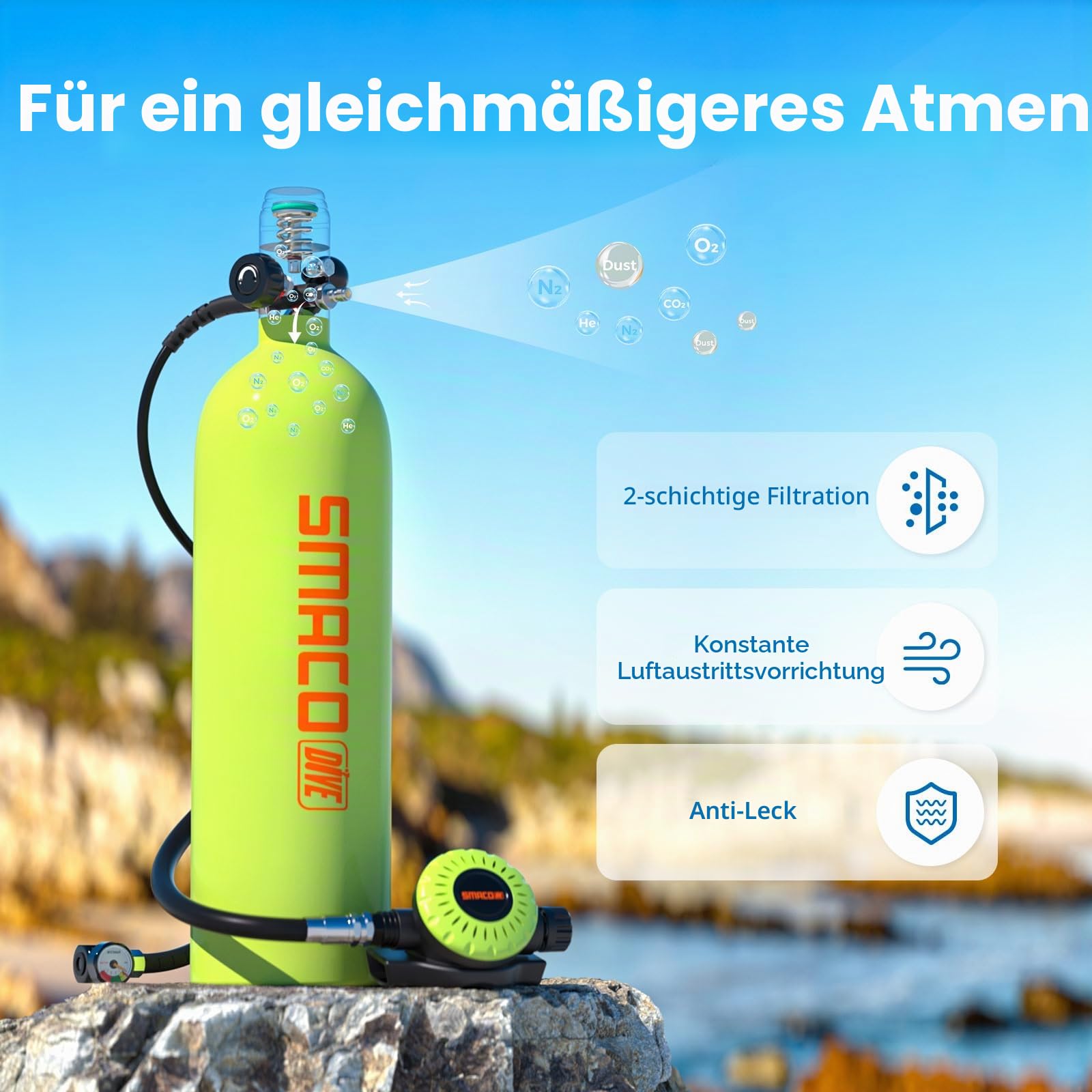 SMACO Mini Tauchflasche 2L Sauerstoffflasche Tauchen Mini Taucherflasche für Unterwasseratmung Tragbare Tauchen Sauerstofftank Lung Air Tank für Notfallrettung Bootsreinigung Tauchausrüstung S700 PLUS