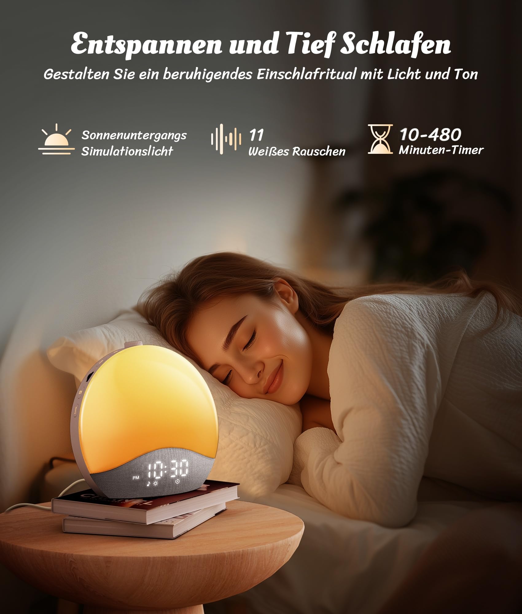 ecozy Tageslichtwecker, Bluetooth-Synchronisierung, 26 Beruhigende Klänge, Weißes Rauschen, 17 Nachtlichter, Sonnenaufgang Wecker