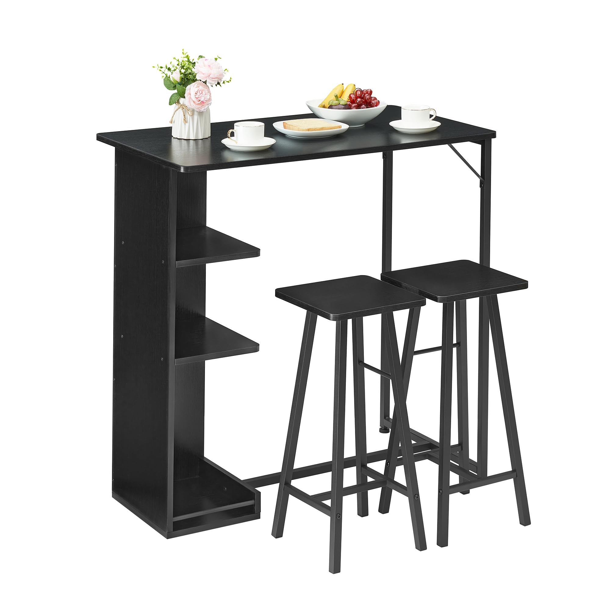 Mesa de Bar con 2 taburetes Altos: Mesa 90x50x90 cm, 2 taburetes Duros 27x27x60 cm, Madera, Soporte metálico, Almacenamiento Abierto, Ideal para Bar y Comedor, Color Negra