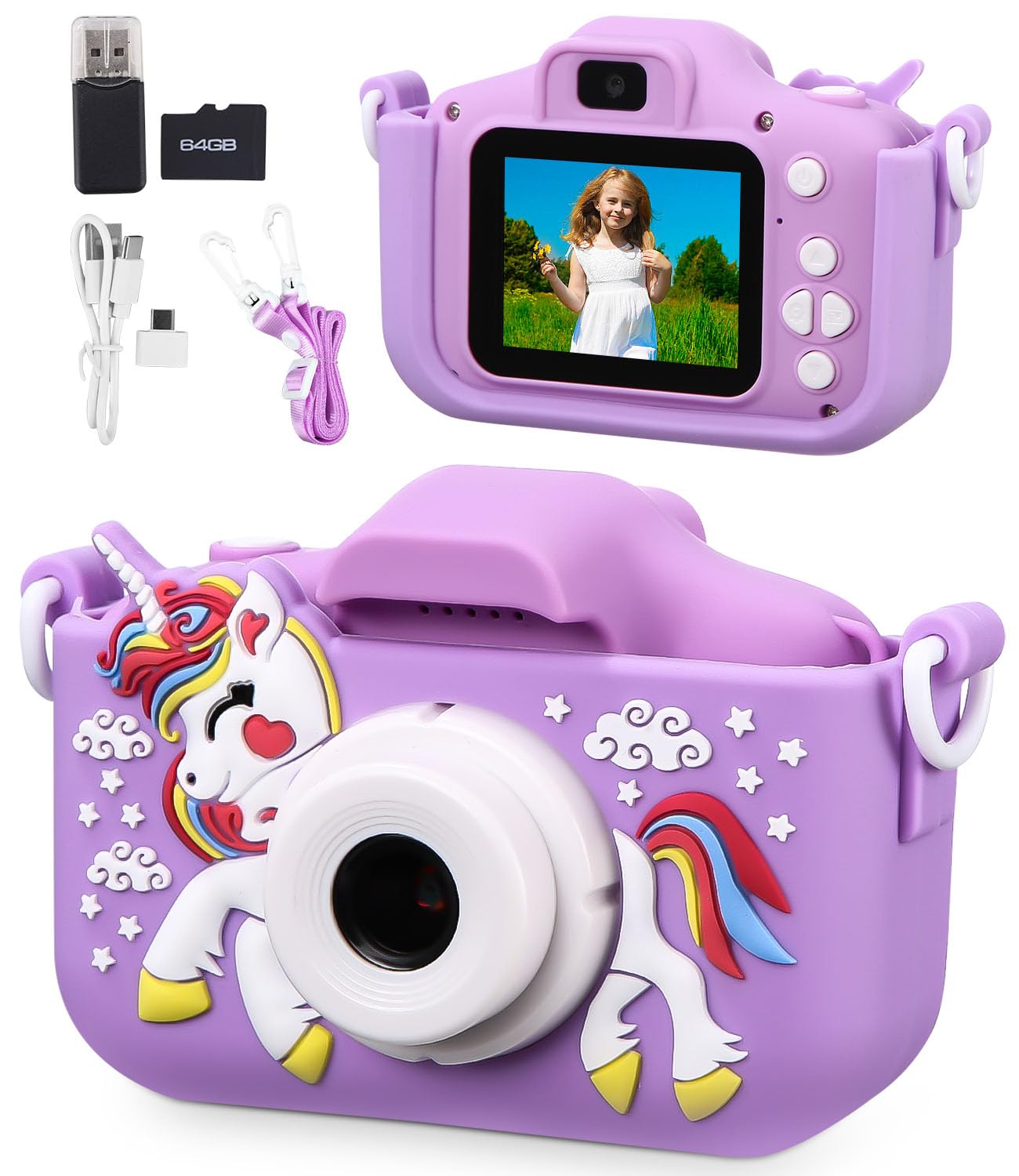 Macchina Fotografica Bambini,2.0 Pollici Schermo Mini Ricaricabile Fotocamera Digitale,1080P HD Videocamera Regalo Giocattolo di Natale & Compleanno per Ragazze Ragazzi 3-10 Anni,con Scheda 64GB
