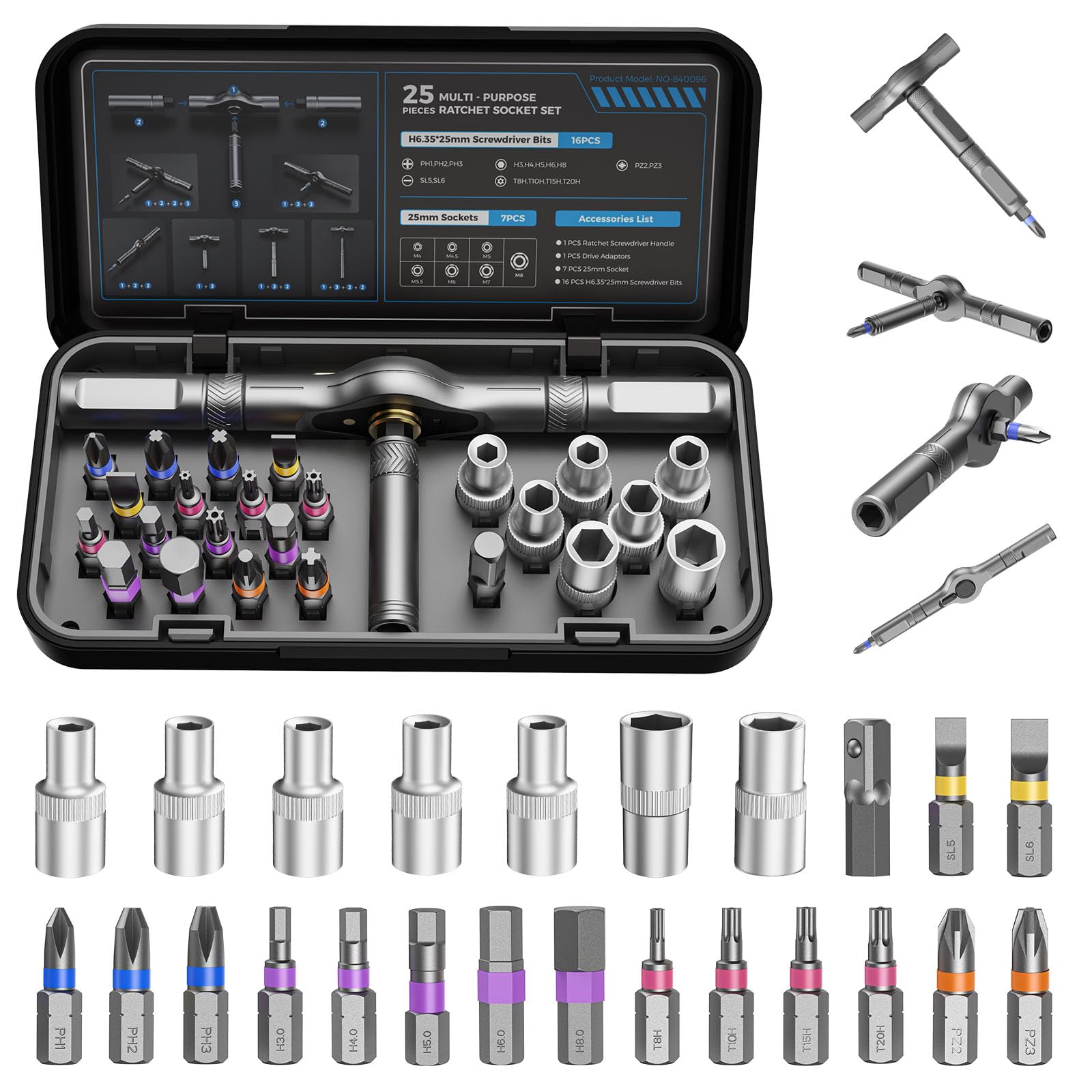Kingsdun Set di cacciaviti a cricchetto magnetici 25 in 1, punte in acciaio S2 con manico a cricchetto staccabile, design magnetico forte, kit di chiavi a cricchetto compatte per elettronica, mobili