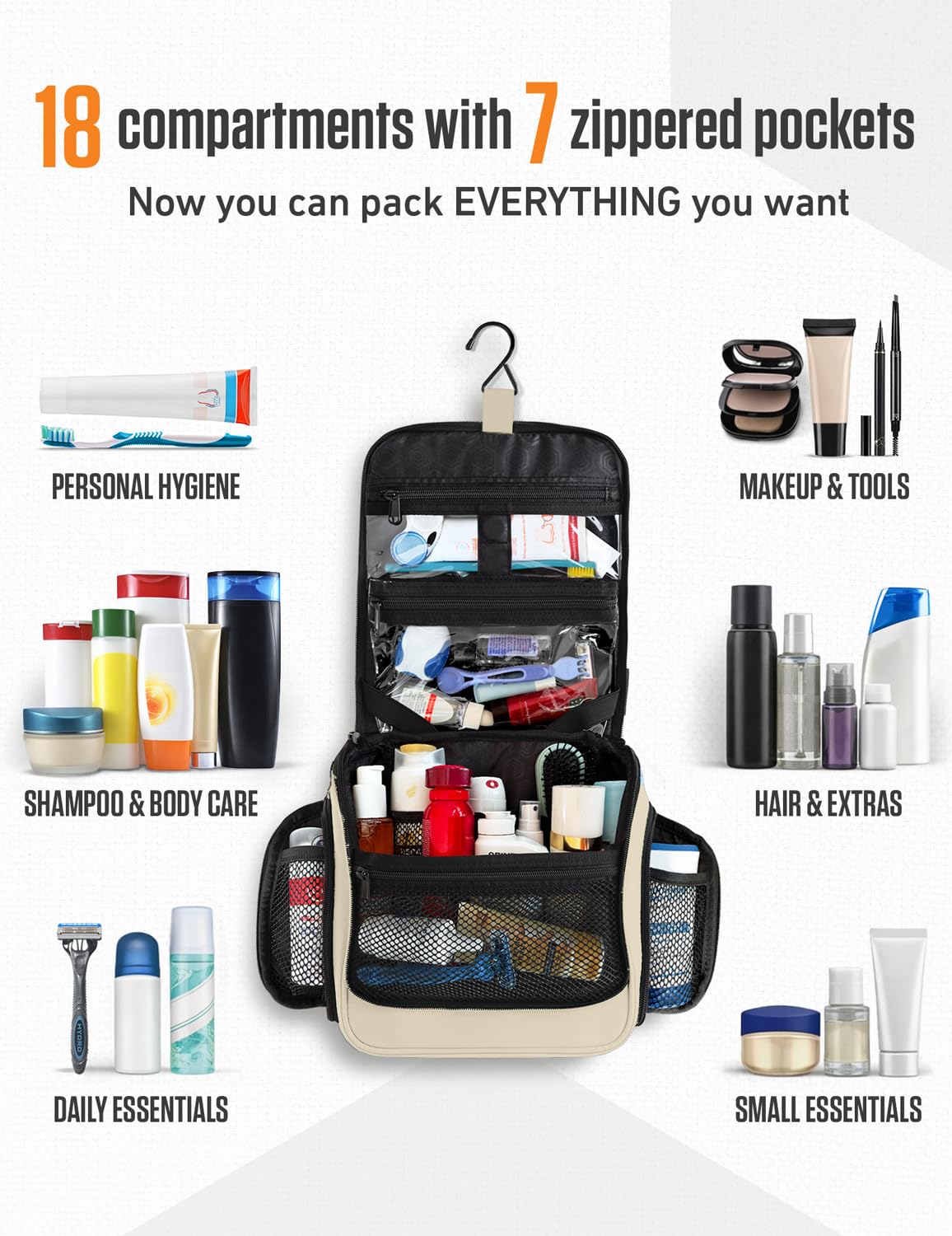 VENTURE 4TH Neceser Colgante de Viaje Hombres y Mujeres con Compartimentos expandibles para cosméticos, brochas de Maquillaje, Joyas, Herramientas de Afeitado, Bolsa Transparente