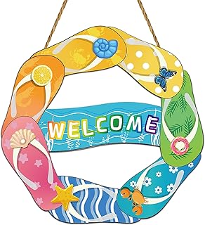 YUNKKIN Summer Wreaths for Front Door Colorful Flip Flops Welcome Sign Door Sign Rustic Wooden Flip Flops Summer Wreath for Beach Farmhouse Porch Wall Indoor Outdoor Decor