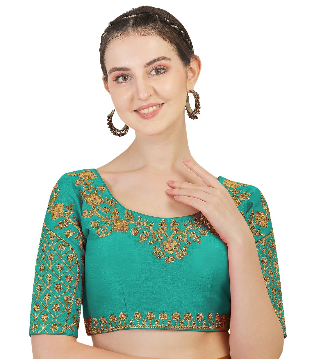 Pujia Mills Women's Embroidery Handwork Thread Zari Stone Work Readymade Blouse (38, Rama)
