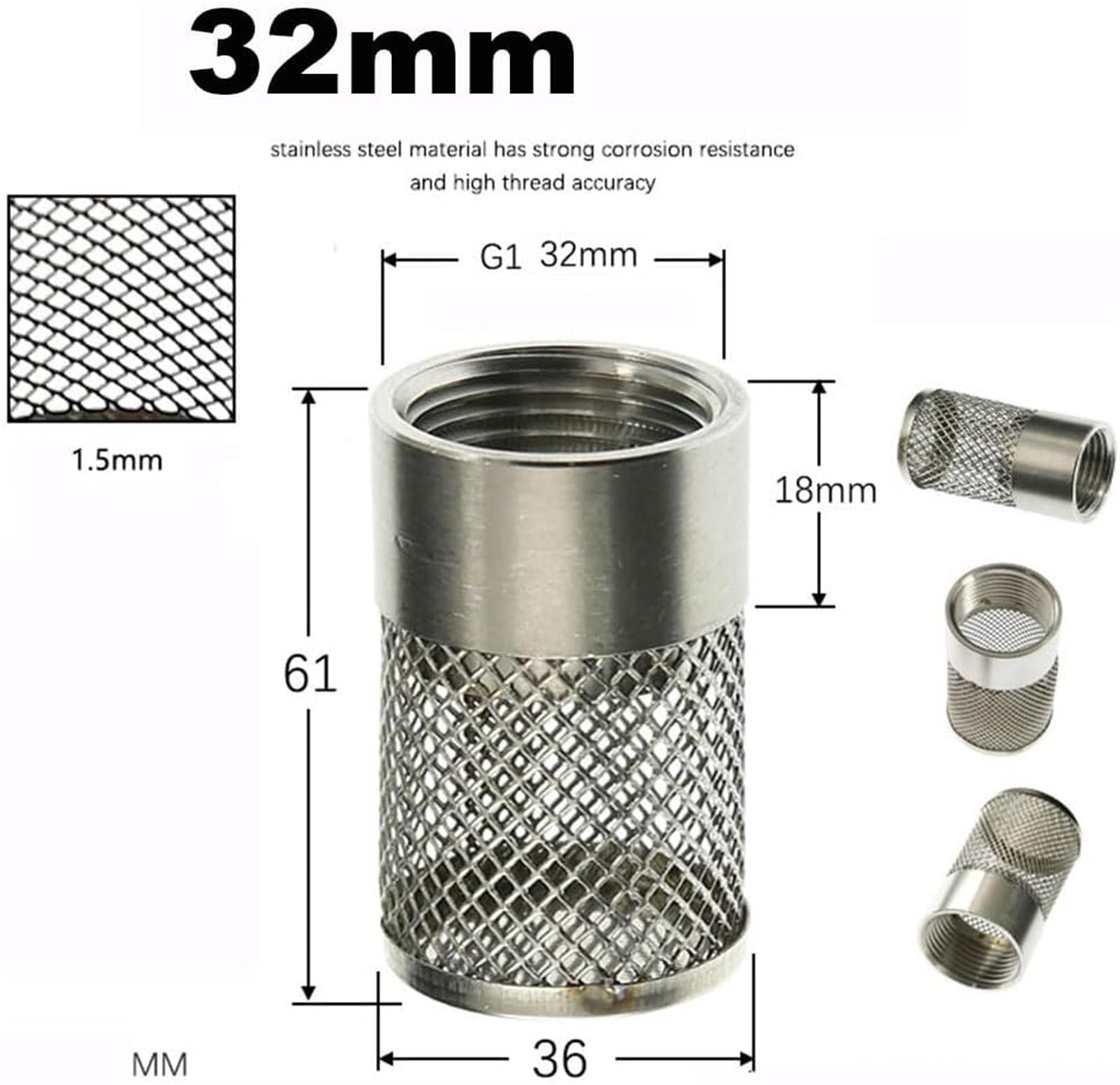 Filtros para tuberías Filtro de bomba agua acero inoxidable - Rosca hembra 1/2", 3/4" y 1" con cubierta malla succión for hidrolimpiadoras, riego jardines acuarios(1")