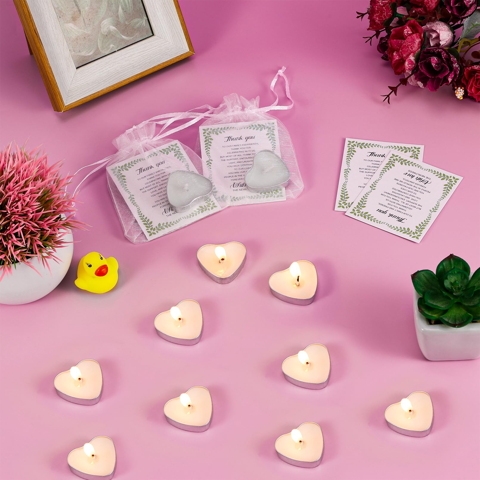 100 zestawów prezentów ślubnych dla gości, świece tealight w kształcie serca, upominki ślubne dla gości, 100 kartek z podziękowaniami i torebek z organzy, mini prezenty ślubne dla gości na