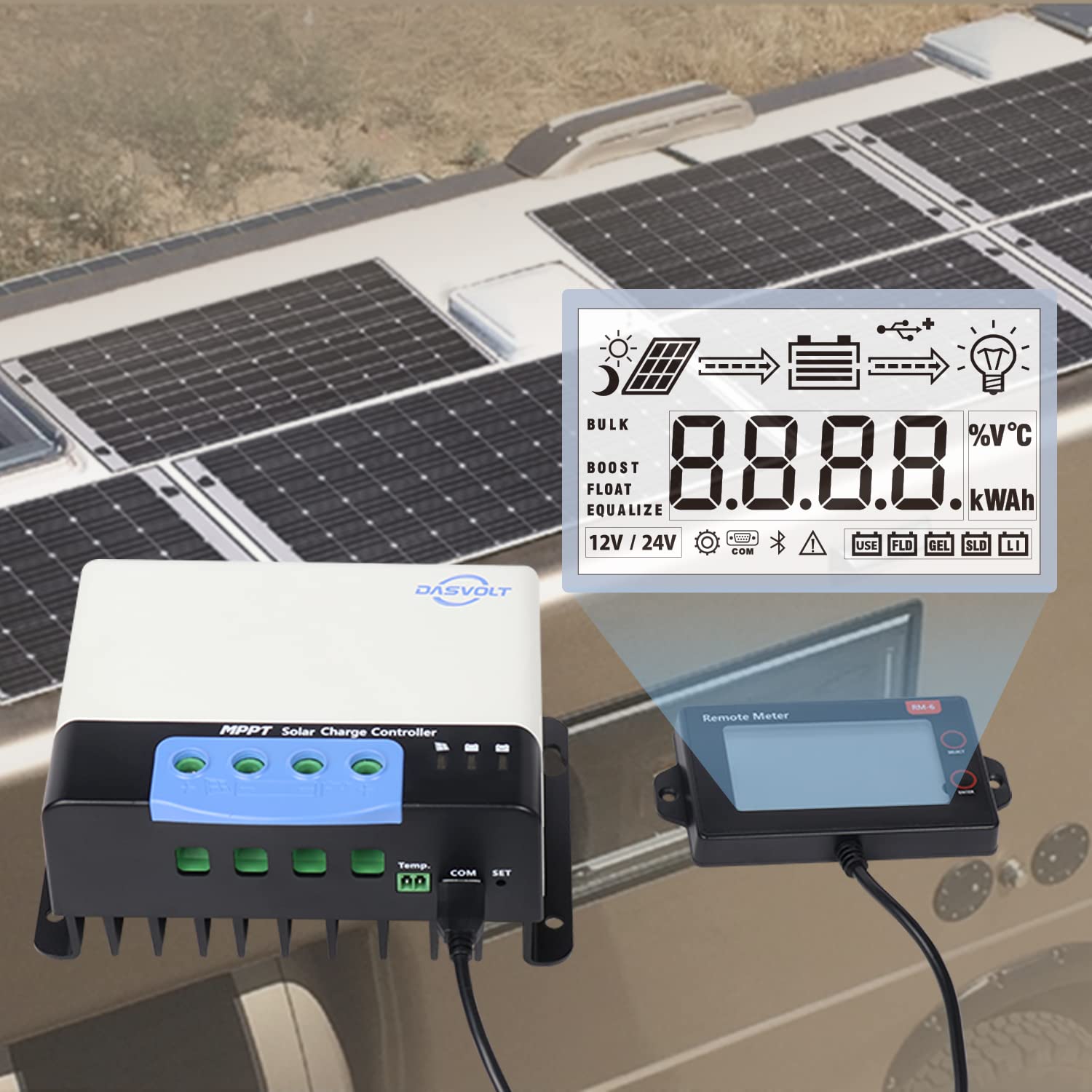 DASVOLT®, Controlador de carga solar MPPT 50A 12V/24V Potencia máxima de entrada 660W/12V, 1320W/24V para batería de inundación de litio, plomo-ácido, sellada, para caravanas, barcos, yates