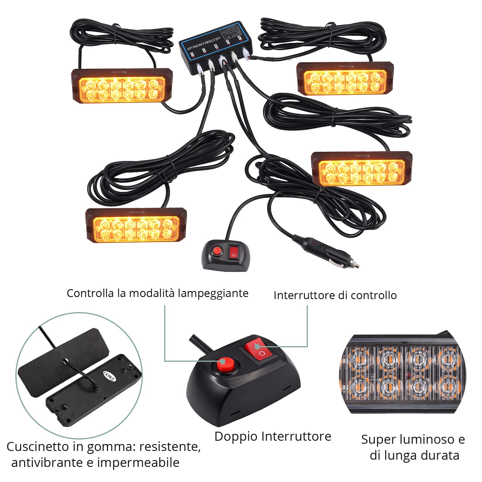 COLFULINE 4 x 12 LED Luci Stroboscopiche Emergenza,12/24V Spia d'avvertimento,IP65 Impermeabile,8 Modalità Flash Lampada Universali per Auto Camion Rimorchi