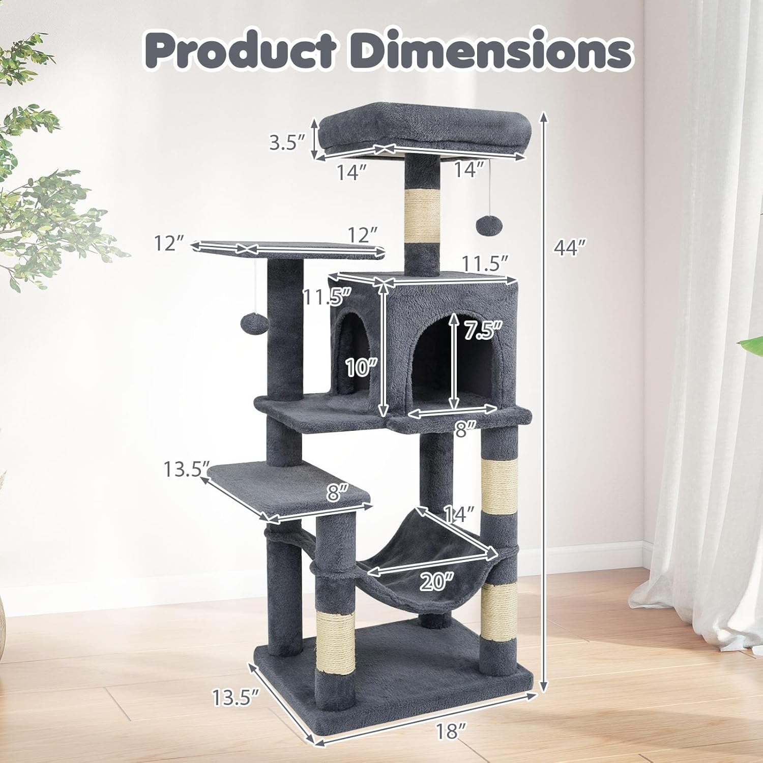 Tangkula Cat Tree Tower, 44 Inch Multi-Level Cat Tower with Sisal Scratching Posts, 2-Door Condo, Padded Top Perch & Hammock, 2 Hanging Balls, Jumping Platforms for Indoor Cats (Gray)