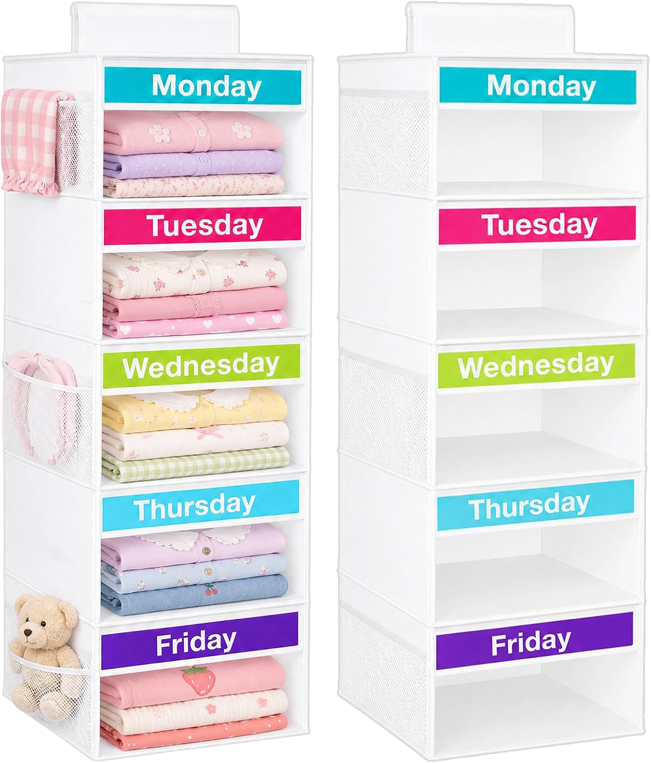 2 Pack 5-Shelf Weekly Hanging Closet Organizer for Kids Room Clothes Storage, Spacious Hanging Shelves with 6 Side Pockets, Days of The Week Clothes Organization System with Labels for School Outfits
