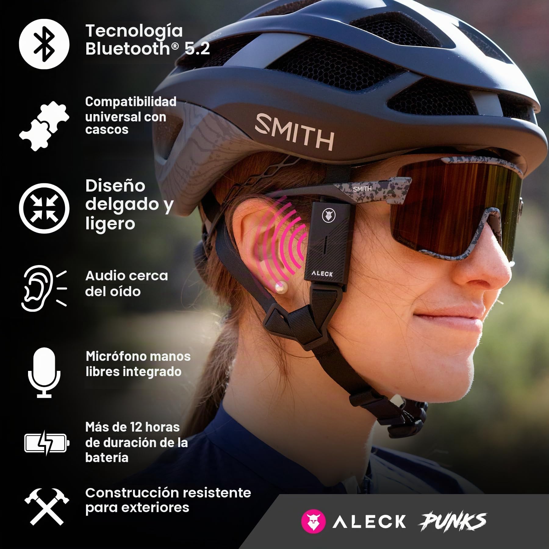Aleck Punks Auriculares Inalámbricos Bluetooth para Casco de Bicicleta – Audio Premium de Oreja Abierta, Función de Manos Libres, 2 Botones, Compatible con Todos los Cascos Abiertos – Ideal para