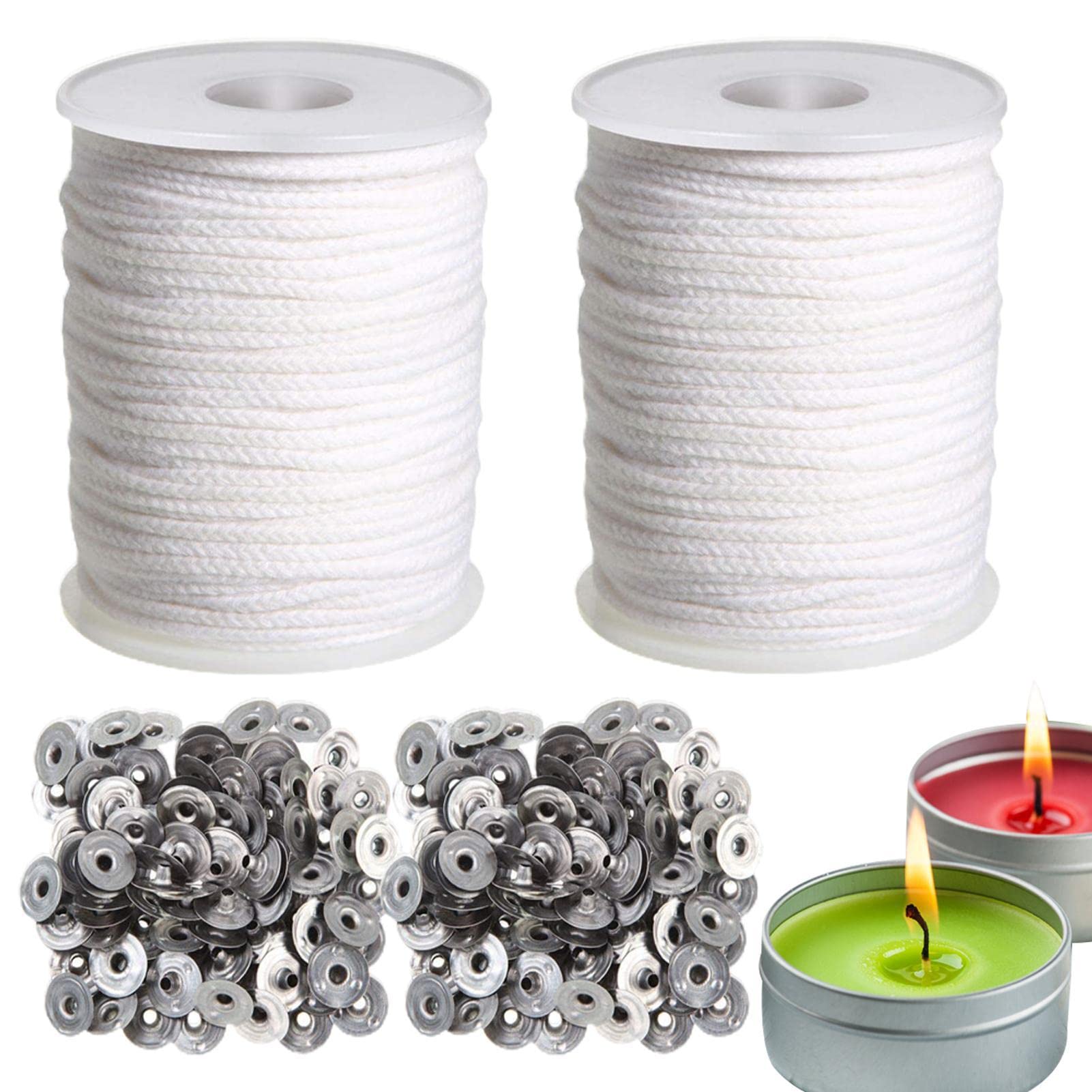 Candle Wicks For Making Candles - 2/4/6/10 Rolls 200ft Braided Cotton Candle Wick with Metal Wick Sustainers Tabs, Candle Wax Wick Core Spool for Craft Oil Lamps Soy Wax Candle Making Supplies Kit