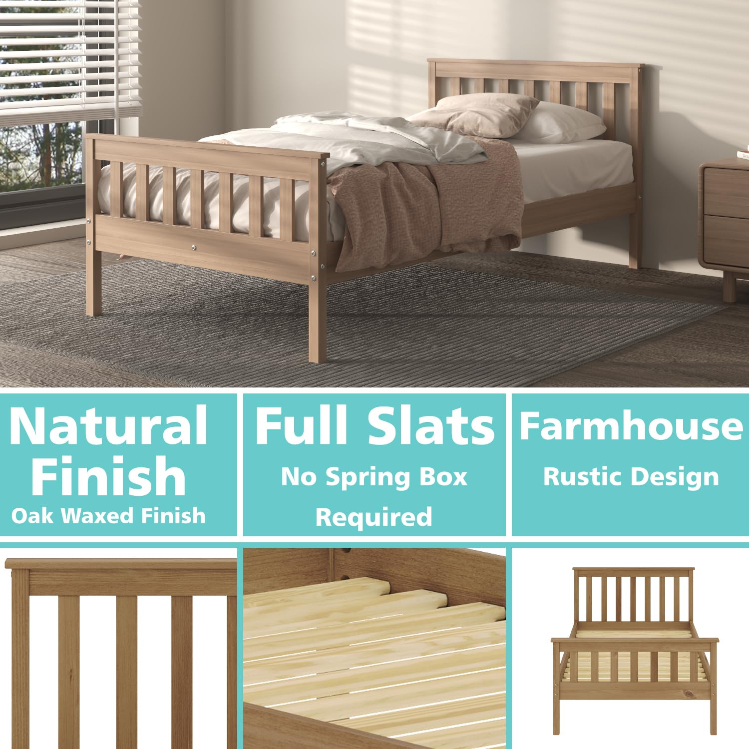 Urban Home Furniture Classic Shaker Style Farmhouse Rustic Solid Pine Platform Bed, Solid Wood Foundation with Wood Slat Support, No Box Spring Needed, Easy Assembly, Oak, Twin (incomplete, only box 1 of 2)