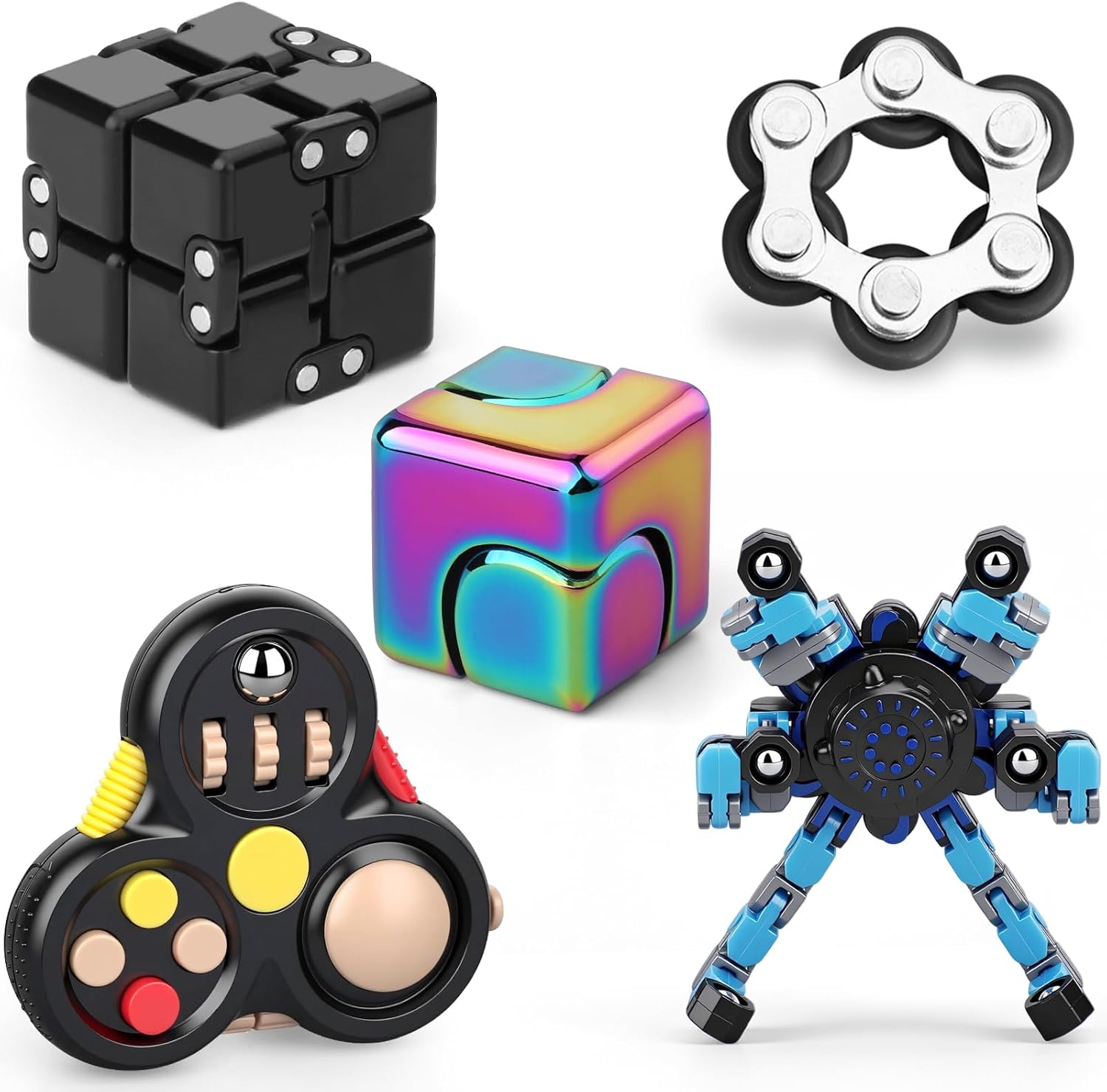 Fidget Toy Fidget Pad Controller, Fidget Spinner Infinity Cube, Metal Fidget Infinity Cube, Sprocket Chain Sensory Toy Cool Gadget Reduce Stress Relief Gift Party Favor 5 Pack