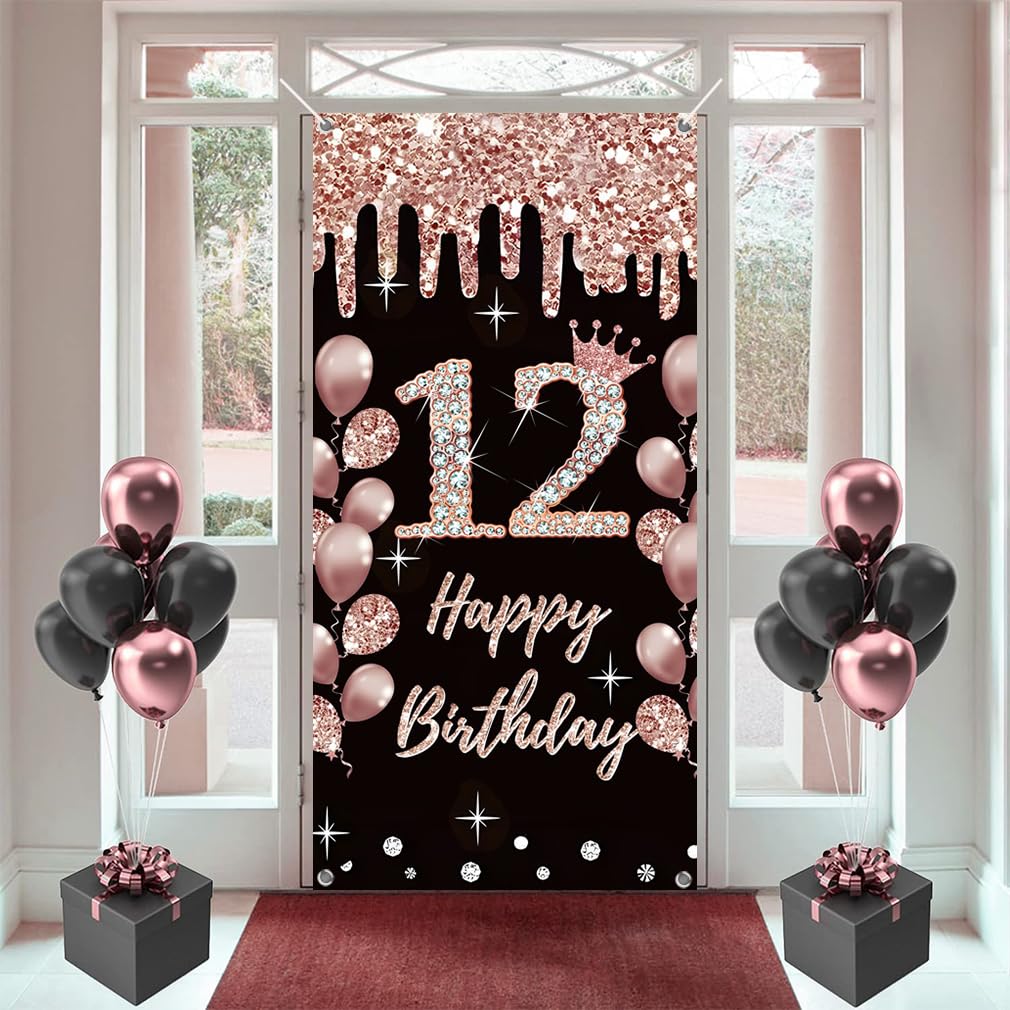 12e Verjaardag Decoratie - Roségoud Banner 120x80 Cm, Stoffen Bord Voor Meisjes Feest