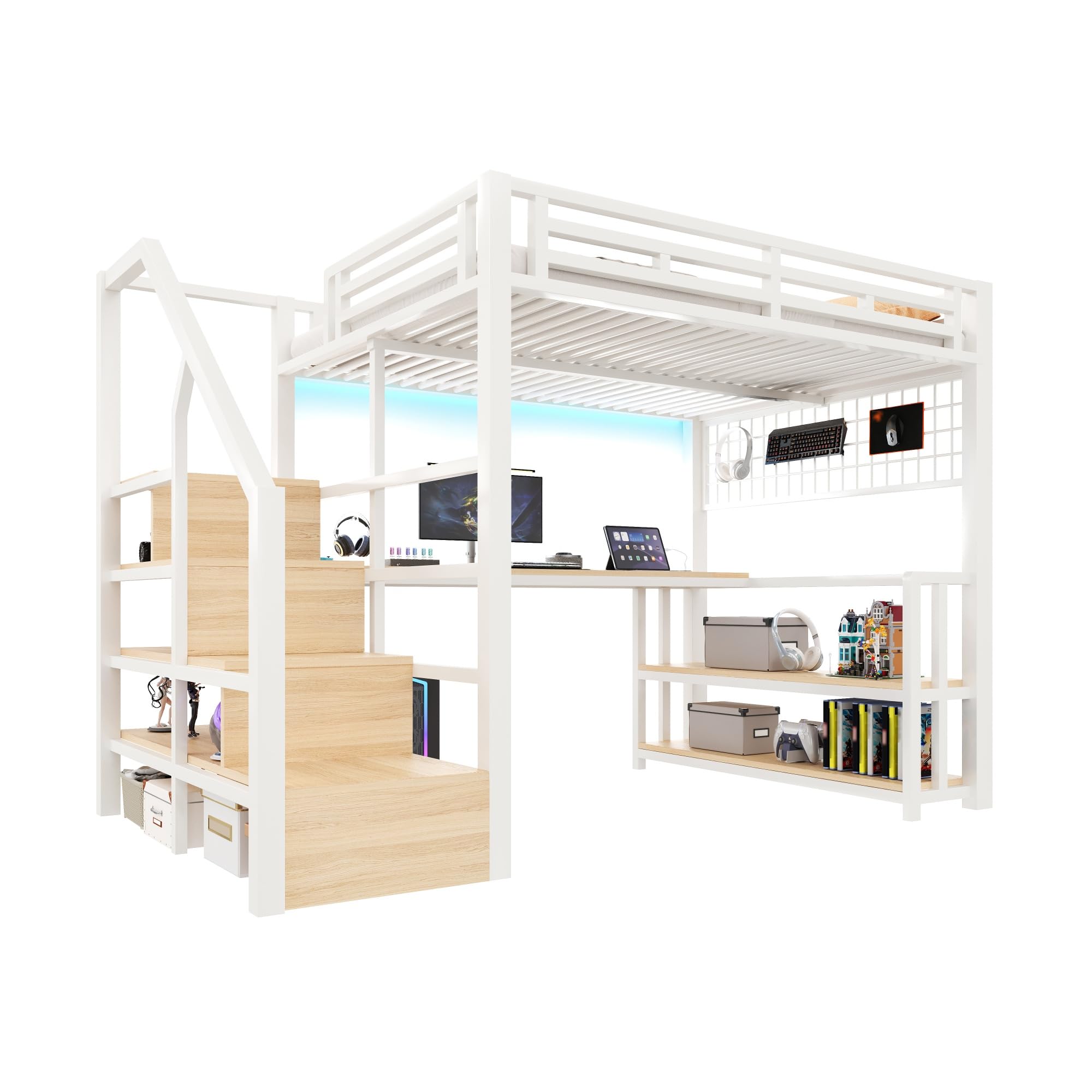 Cama alta de 140 x 200 cm, marco de hierro, estante de almacenamiento, rejilla colgante, barra de luz LED, escritorio, construcción de escaleras con espacio de almacenamiento, con 2 puertos USB y 1