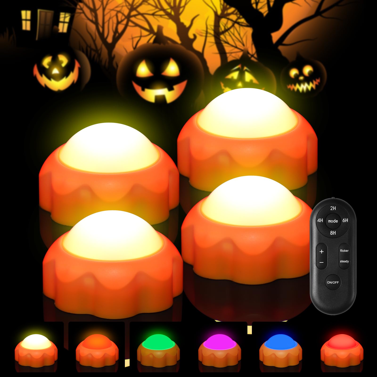 Wosyrd Halloween Pumpkin Lights 4 Pack, Pumpkin Lights Battery Operated, Decorations with Remote Timers, Halloween LED Jack-O-Lantern, Seven Mode Lights