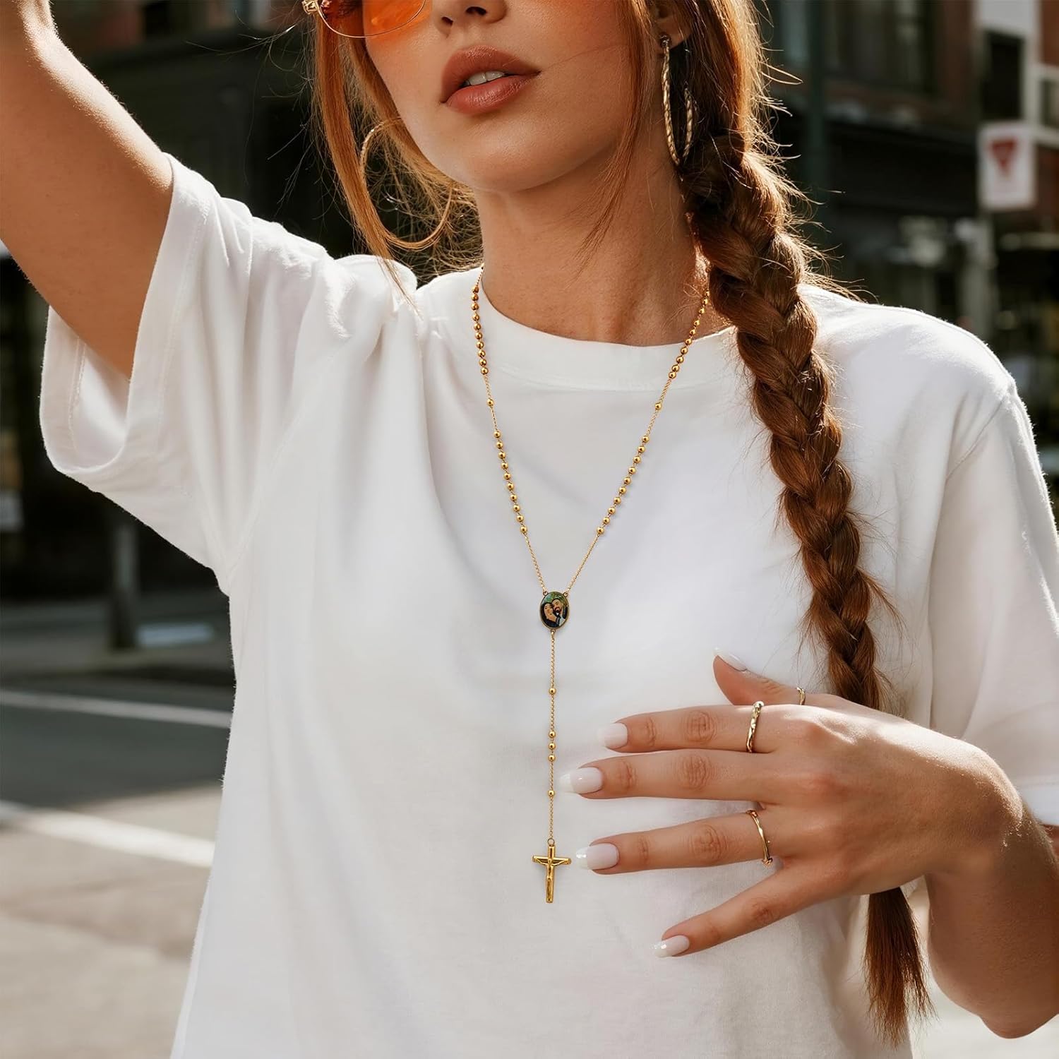 Personalized Rosary Necklace for Women - 14k Gold Plated Custom Picture Rosary Beads Necklaces,Non Tarnish Golden Stainless Steel Y Chain Catholic Jewelry,Rosarios Catolicos Gfts for Catholic Men - Image 3
