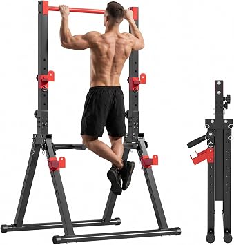 DlandHome Foldable Power Tower Pull Up Bar Dip Station,Triangular Legs | Adjustable Height & Handles,Free Standing Pull Up Bar Multifunction Workout Pull Up Tower Station for Home Gym,Up to 330lbs