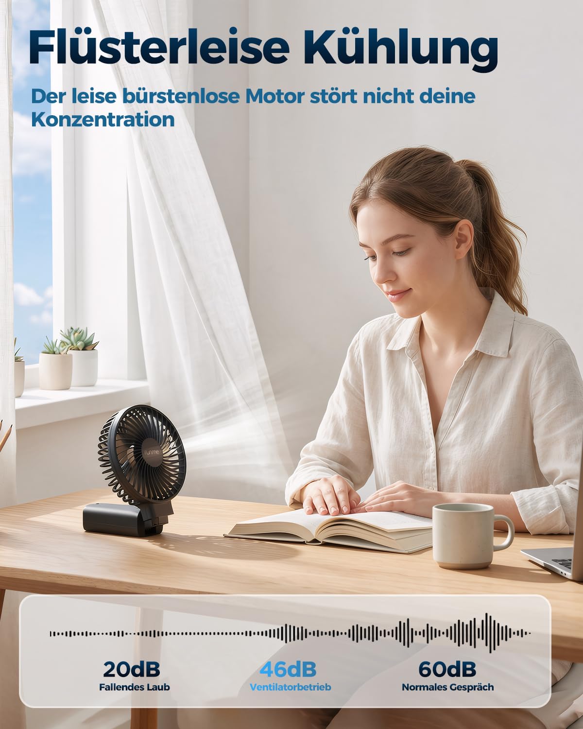 Funme Handventilator 10000mAh, 53H Laufzeit Tragbarer Lüfter mit Powerbank, Ventilator Hand 4 Stufen Großes Flügelrad, 180° Klappbar für Reise Outdoor Camping Büro Tisch - Schwarz