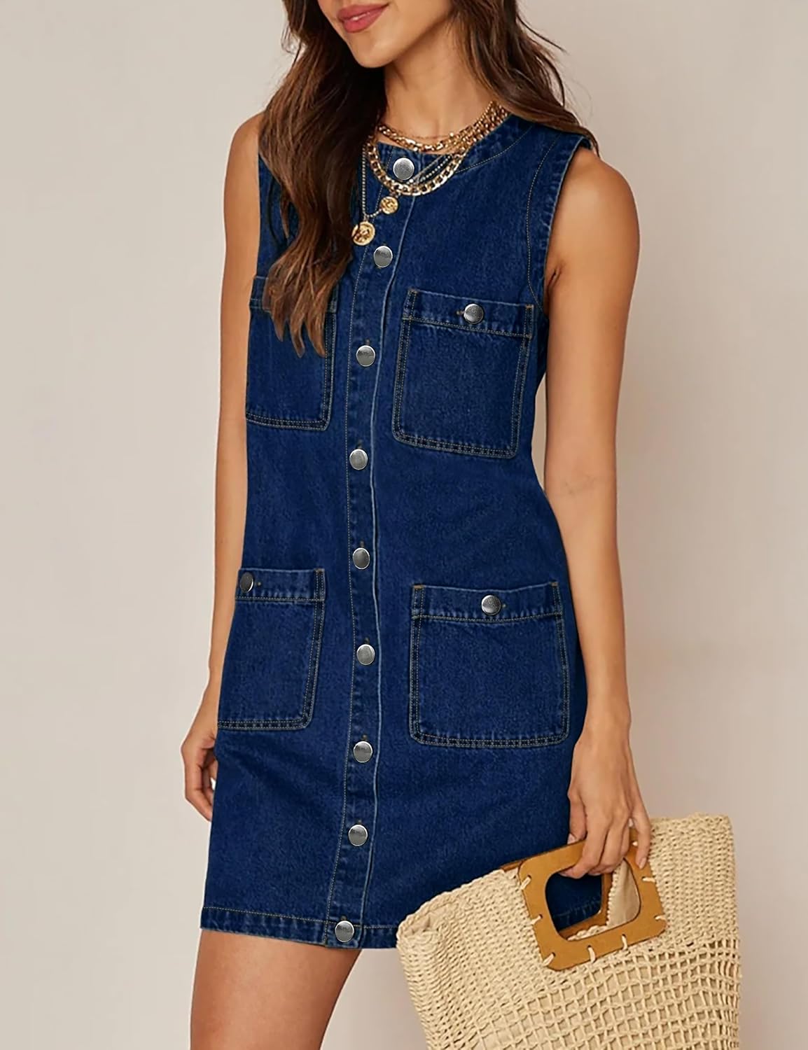 Denim Dress for Women, Sleeveless Jean Dress Button Down Dresses Casual Summer Denim Mini Dresses with Pockets - Image 3
