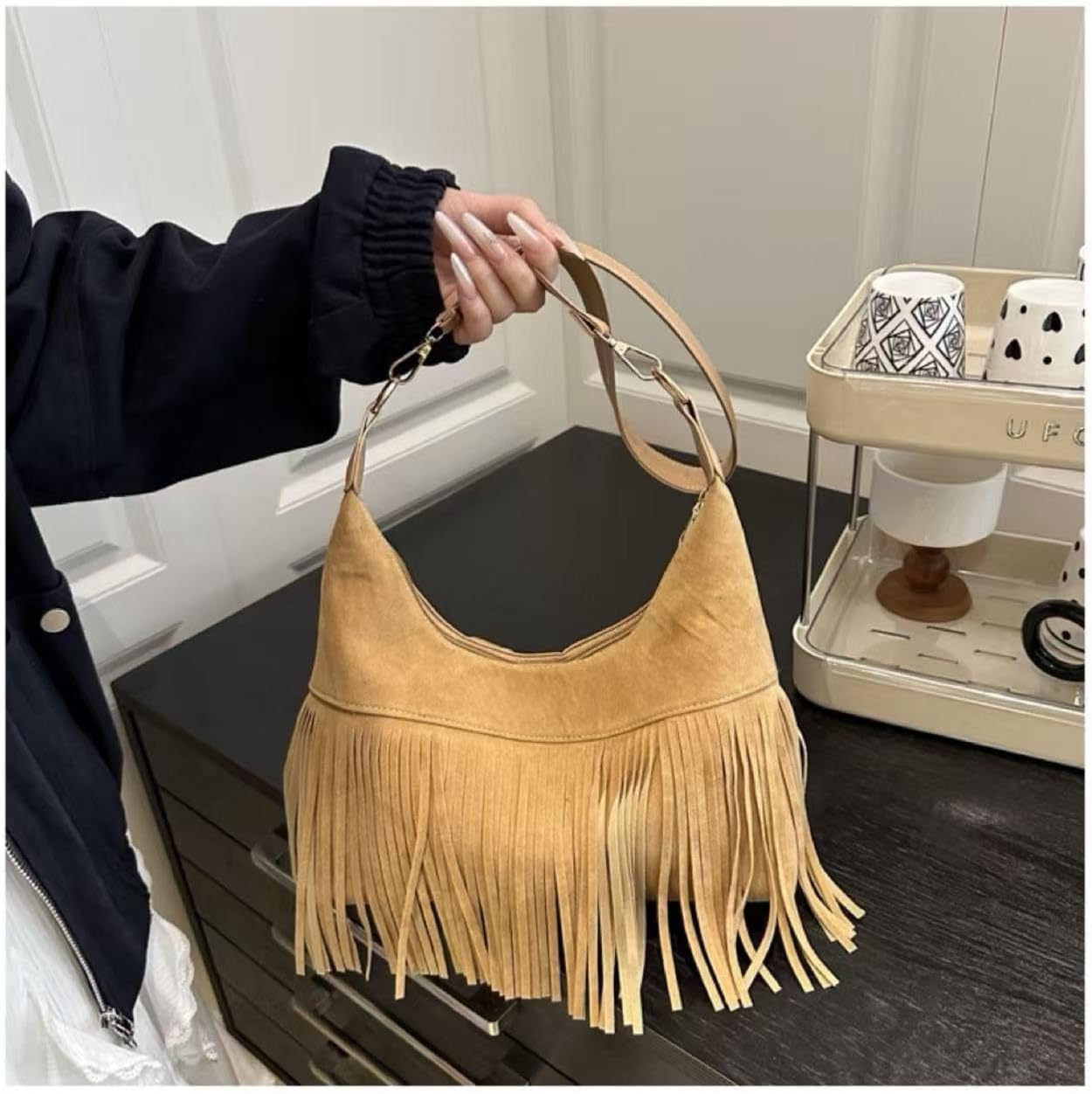 Fashion Women Fringe Hobo Bag Western Purse Shoulder Bag Vegan Suede Tassel Hippie Crossbody Bag