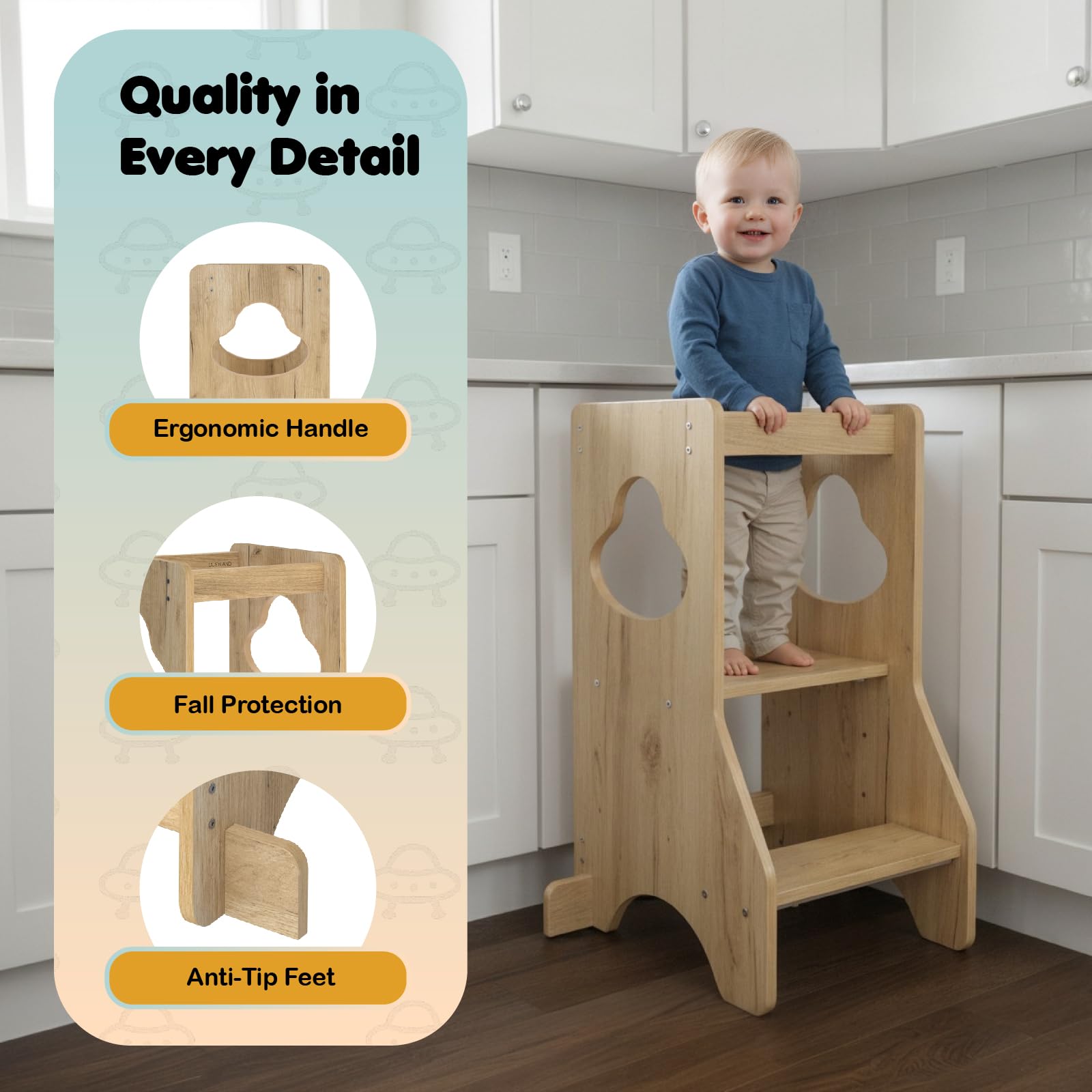 COSYLAND Kleinkind Stehturm Höhenverstellbar - Holz-Tritthocker Lernhilfe für Küchentheke, Bad, Kinderzimmer - Stabiler Kinder-Tritthocker für Küche (Natur)