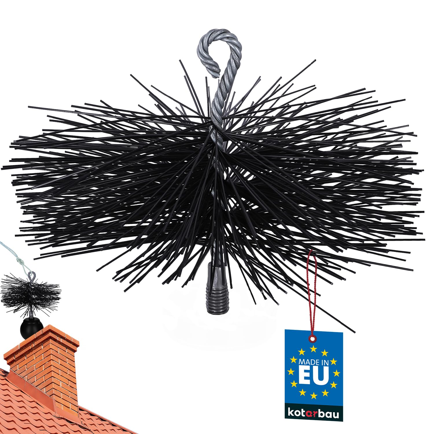 KOTARBAU® Erizo, Cabezal Deshollinador, Ø 200 mm, Cepillo Redondo de PCV, Cepillo de plástico para chimeneas, Accesorio para Limpieza de chimeneas, Rosca M12, con Anilla, para Materiales sensibles