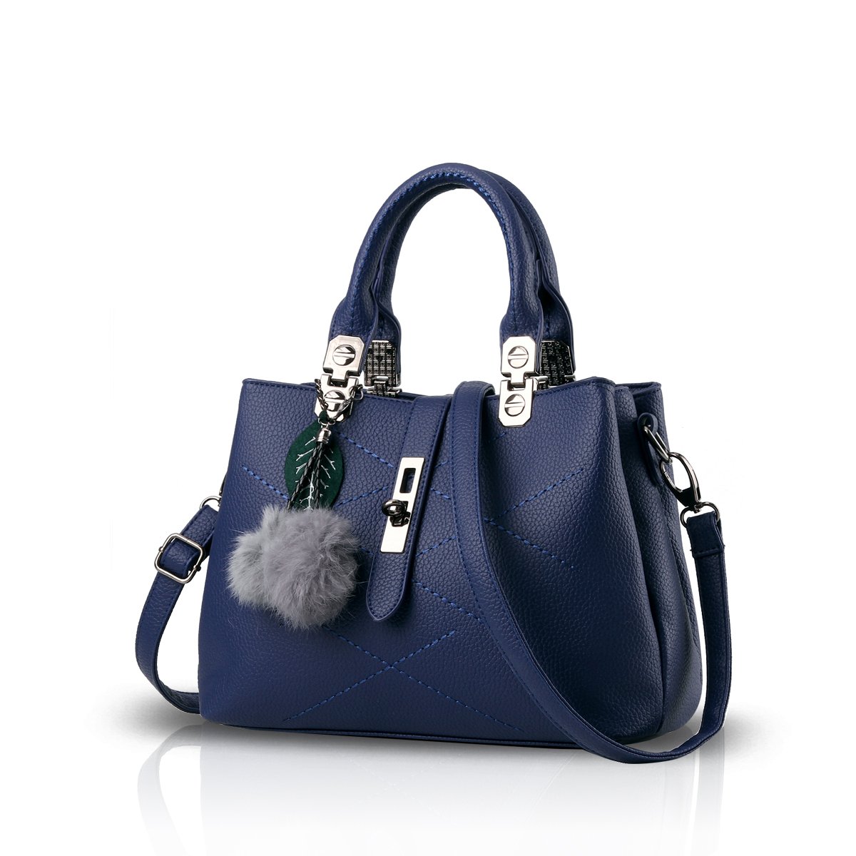NICOLE & DORIS Women Handbags Simple Messenger bag Tote Bag Female Shoulder Bag Top Handle Bag Waterproof PU Leather Bag with Pompom Pendant(Blue)