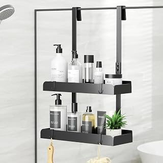 Josmimic Mensola doccia da appendere, a 2 ripiani, 55,5 cm, senza foratura, in acciaio inox, con ganci, organizer da bagno per shampoo, colore nero