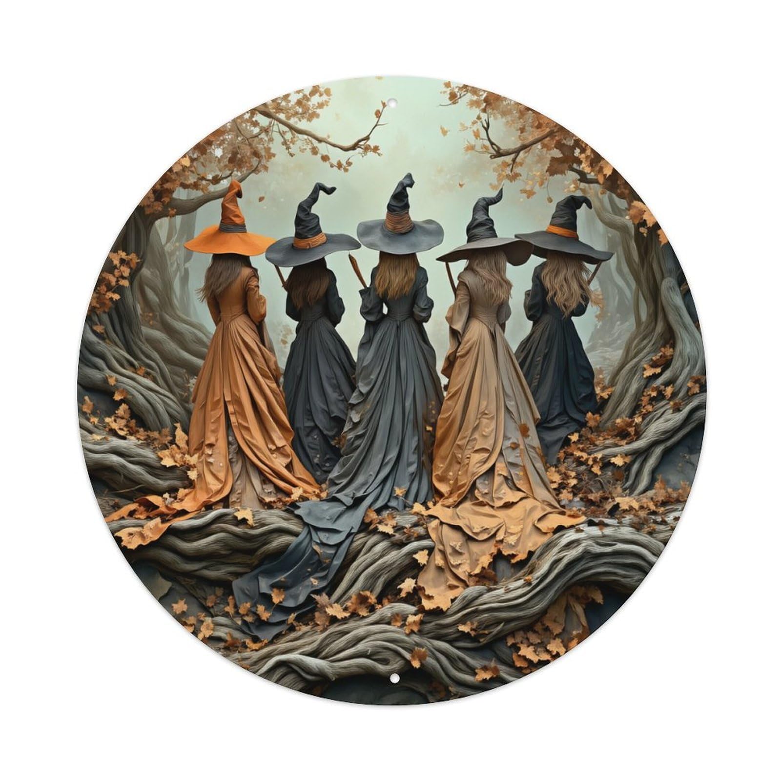 Witch Forest Autumn Leaves Magic Round Tin Sign Retro Metal Sign for Cafe Bar Pub Home Game Room Gym Club Wall Decoration Vintage Metal Poster 8x8 Inch
