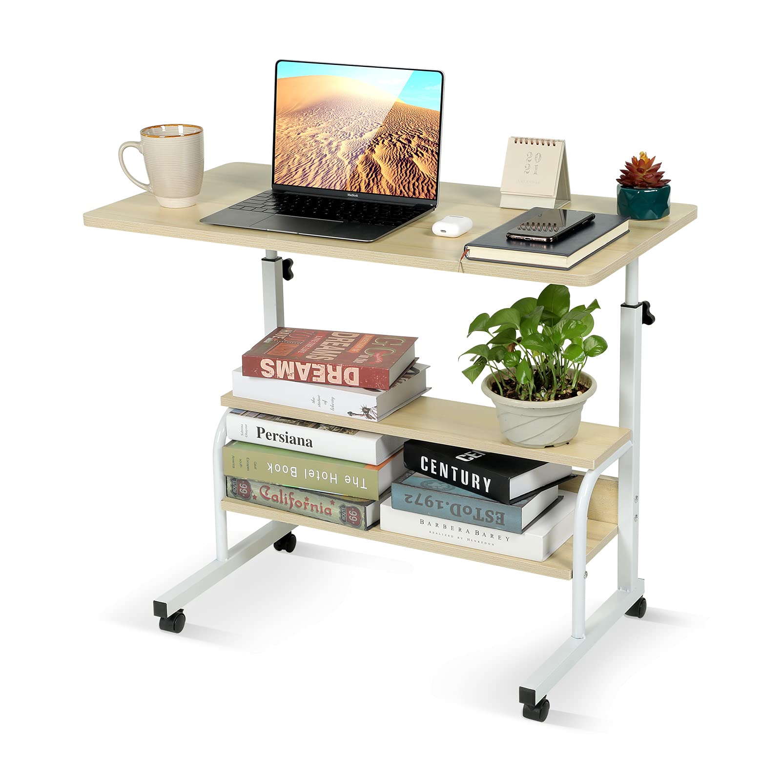 Adjustable Desk Standing Desk Small Desks for Small Spaces Portable Laptop Computer Desk Table for Bedrooms Couch Desk for Home Office Table Mobile Rolling Desk on Wheels 31.5" Beige Desk with Storage