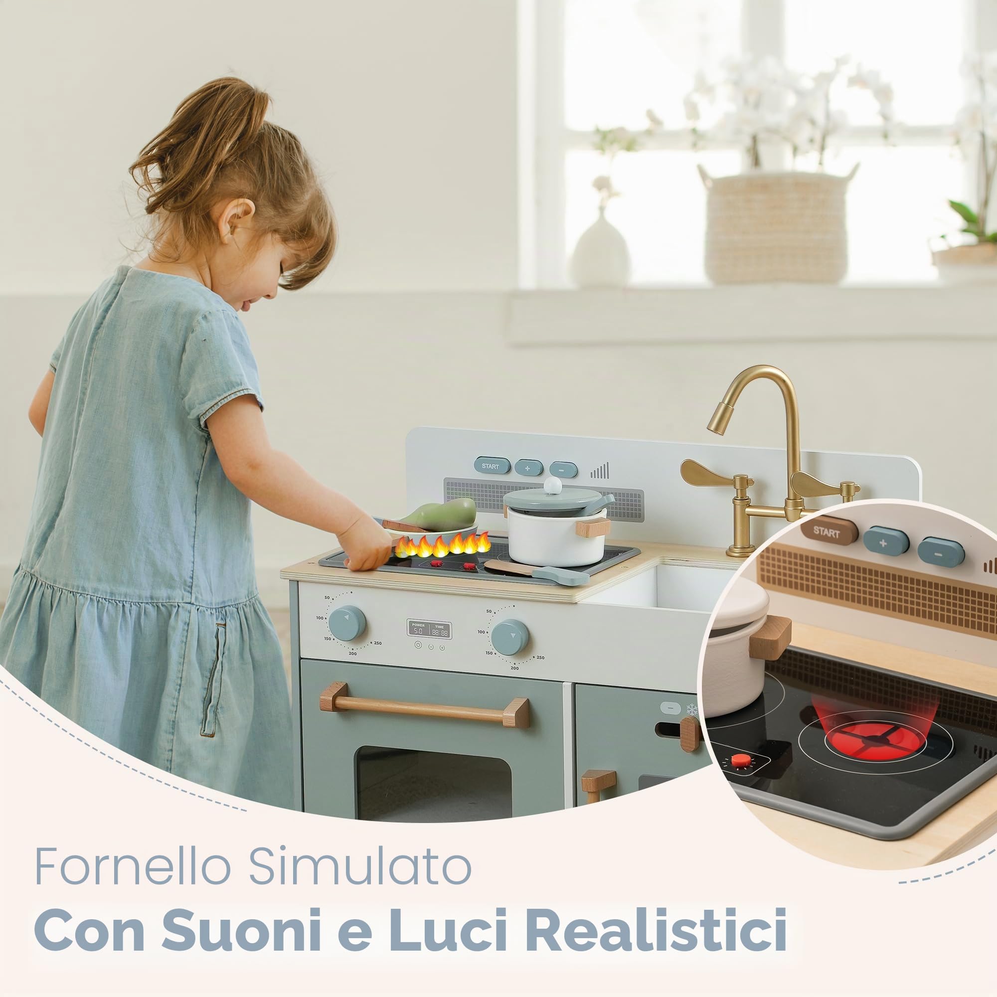 ROBOTIME Cucina in Legno per Bambini con luci, Suoni e Dispenser Ghiaccio | Design Blu con Forno, Lavello, Piano Cottura e Accessori, per Giochi di Ruolo dai 3 Anni e Come Idea Regalo