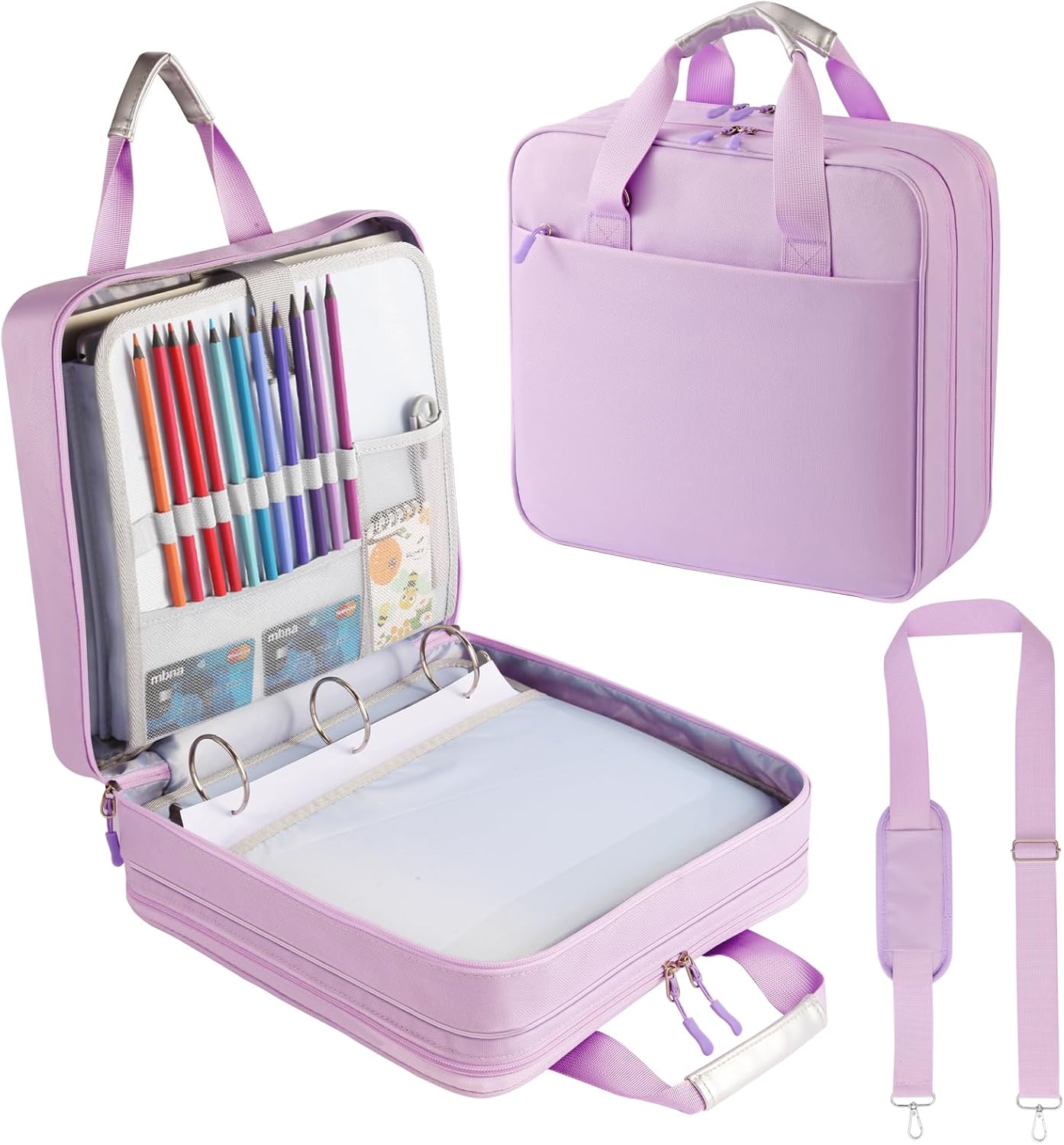 Zipper Binder 3 Ring with Shoulder Strap, 2 Inch O-Rings, 500-Sheet Capacity, Binder Bag with Expanding File Folder & Multi-Pockets, Trapper Keeper fits for 13 Inch Laptop (Purple)