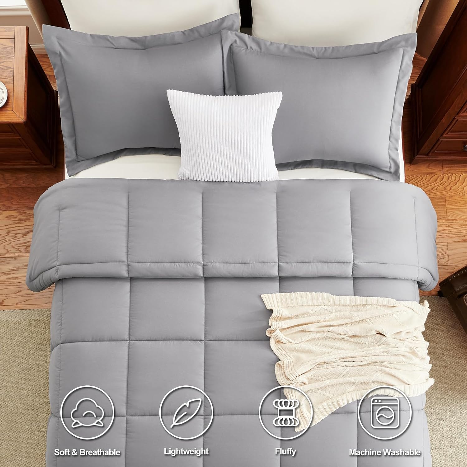 CozyLux Queen Comforter Set - Grey Comforters Queen Size, 3 Pieces Box Stitched Bed Set for All Seasons, Soft Lightweight Bedding Sets with 1 Down Alternative Comforter and 2 Pillow Shams - Image 4