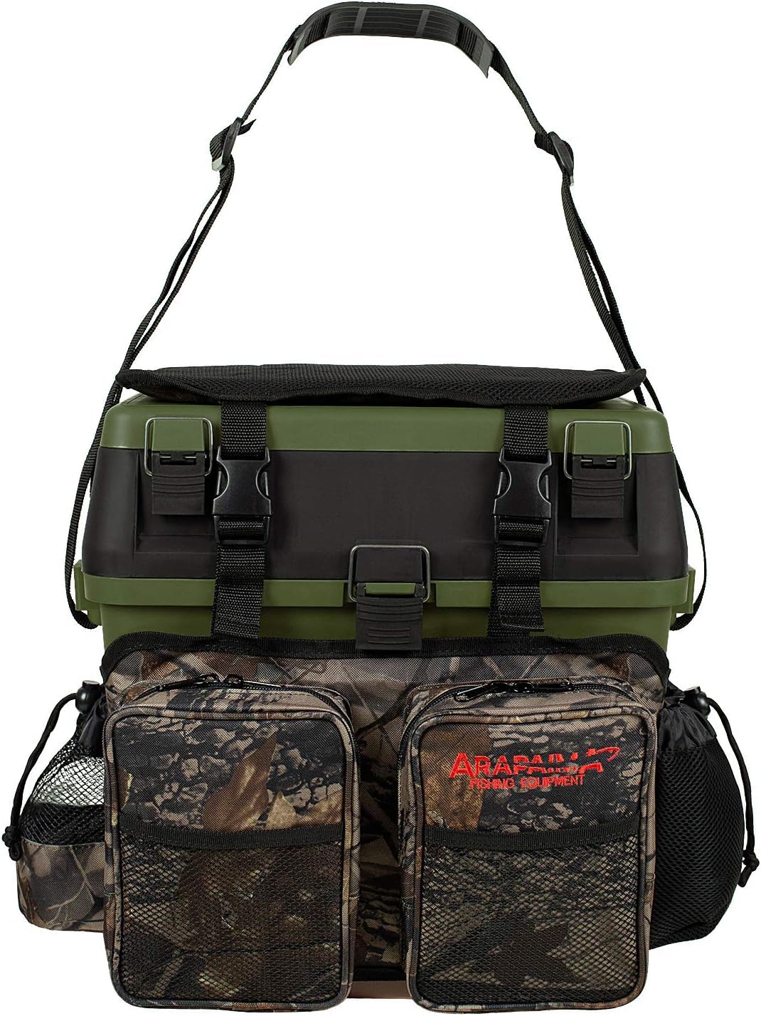 Sitzkiepe Angelrucksack mit 4 Tackleboxen Olive Camouflage Bundle | Angelrucksack, Sitzbox und Angelkoffer in Olive/Camouflage – inkl. 4 Tackleboxen, Futterwannen und Sitzpolster