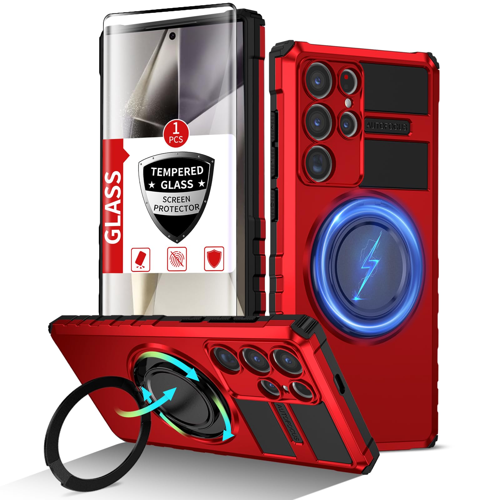 for samsung galaxy s24 ultra case magnetic compatible with wireless charging,with 1 screen protector,built-in kickstand ring military grade drop shockproof heavy duty protection phone red
