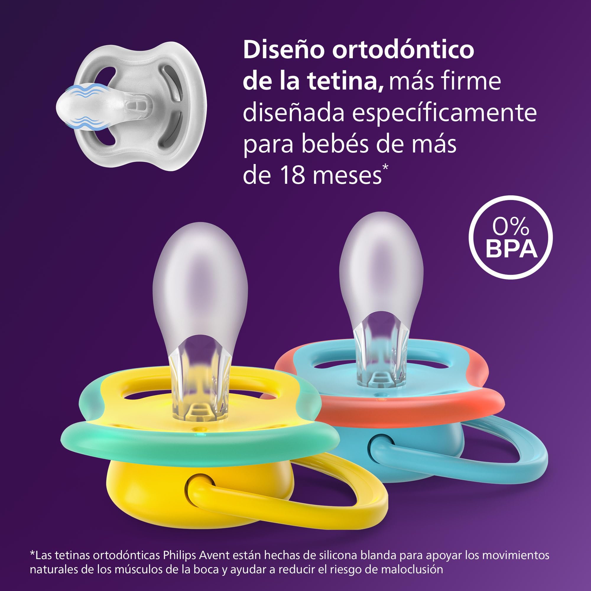 Philips Avent chupetes ultra air para día y noche: diseño anatómico, para bebés a partir de 18 meses, modelo que brilla en la oscuridad, tetina simétrica extrafirme, sin BPA, paquete de 4, SCF349/56