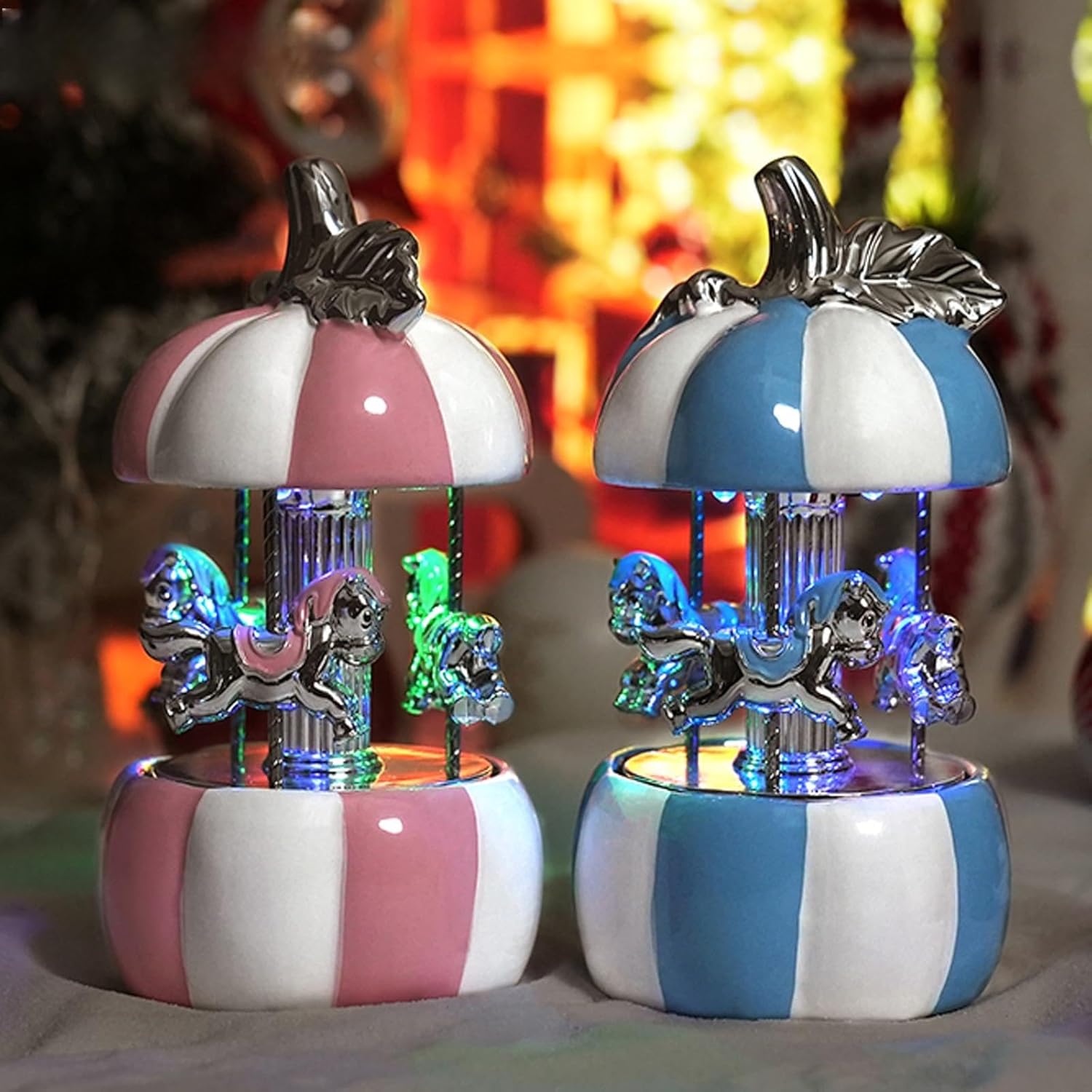 Carousel Music Box, Gift Wrapped Ceramic Musical Carousel Horse, Twinkling LED Light Carousel, Plays Twinkle Twinkle Little Star, Christmas, Birthday for Girls Boys (Pink&Blue Pumpkin)