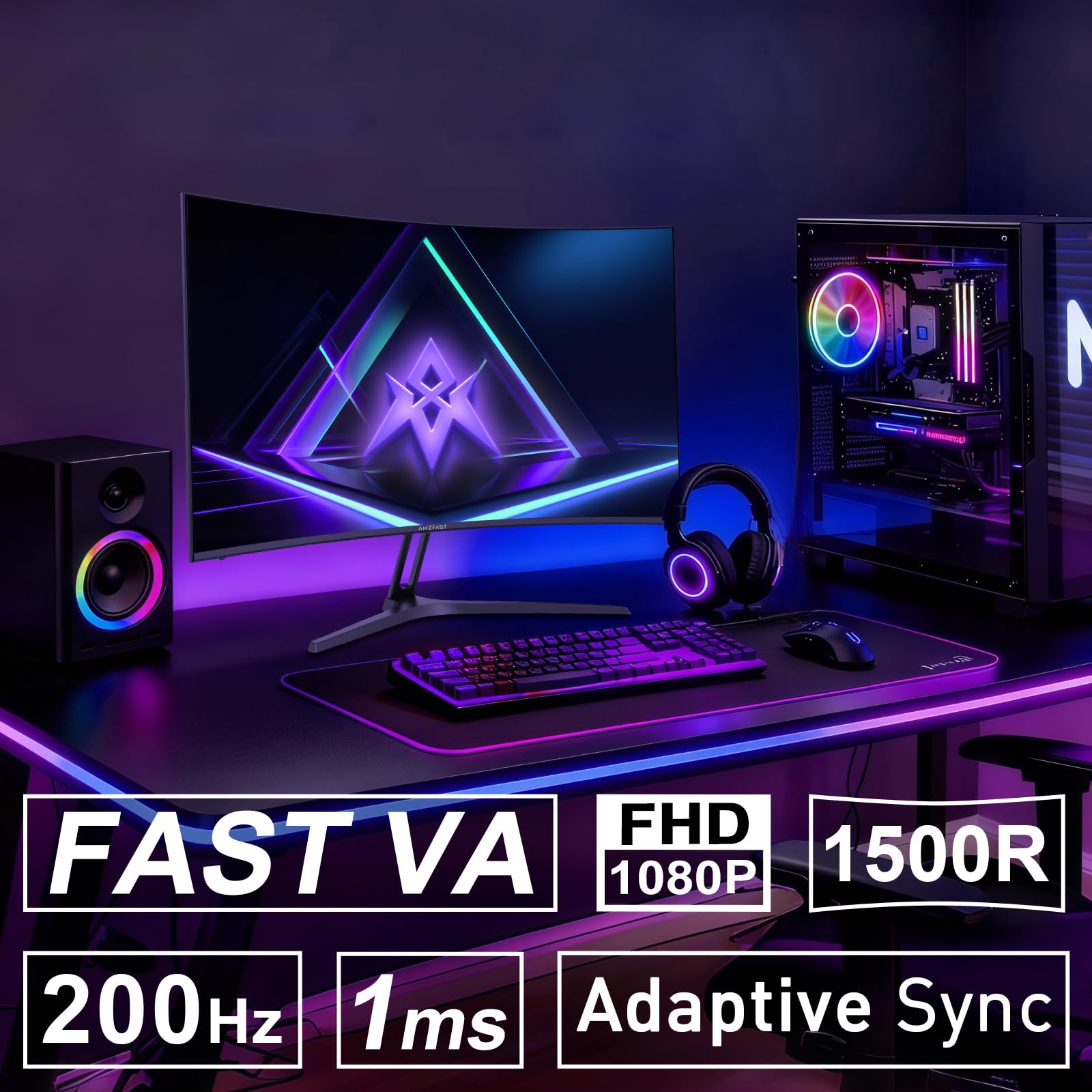 Amzfast 27 Inch Curved Gaming Monitor 200Hz, 1920x1080 FHD, 4000:1 Contrast, sRGB 130%, HDR, 1ms GtG, Adapive Sync, 1500R, Blue Light Filter, for PS5/PC Gaming, VESA 100x100mm, HDMI 2.0&DP 1.4, AMZG27C1 - 3