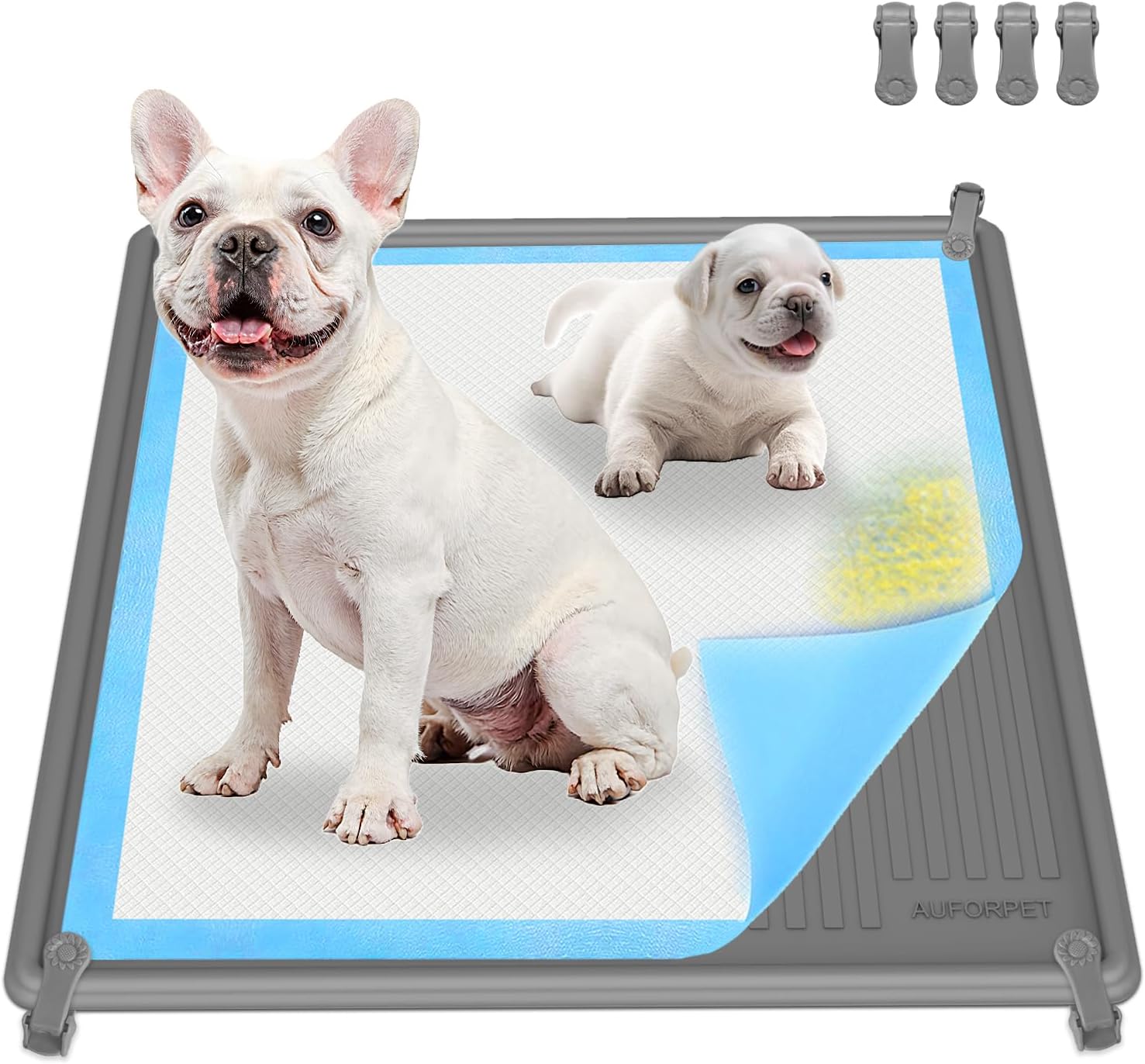 Pee Pad Holder, Puppy Pad Holder, 24″ x 24″ Heavy Silicone Pee Tray Mat for Dogs with Clips, Reusable, High Edge, Leak-Proof Toilet Training Pad for Potty, Doggy Baby, Cat, Rabbit Pets