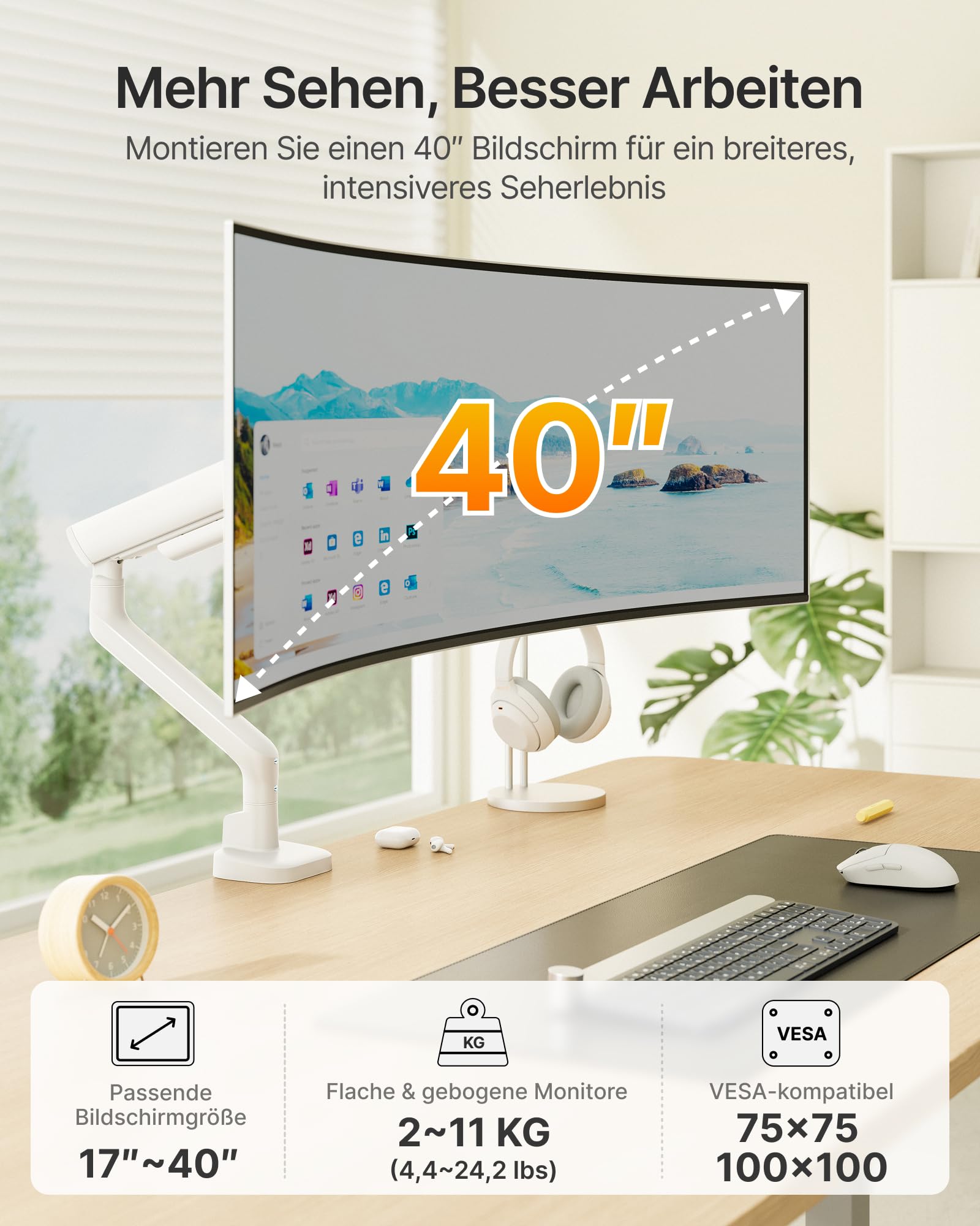 monTEK Brazo Monitor para Pantallas Ultrawide 17-40 Pulgadas | Soporte de Escritorio de Resorte Mecánico Resistente hasta 12kg, VESA 75/100mm, Ajustable con Montaje de Pinza y Ojal