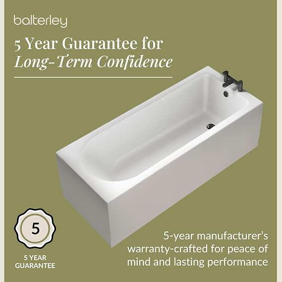 Balterley 1700 x 700mm Round Shower Bath with Leg Set & Black Waste, Straight Single Ended Gloss White Soaking Bathtubs, Acrylic Baths for Bathrooms, Rectangular Soaking Bathtub