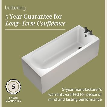 Balterley 1700 x 700mm Round Shower Bath with Leg Set & Black Waste, Straight Single Ended Gloss White Soaking Bathtubs, Acrylic Baths for Bathrooms, Rectangular Soaking Bathtub