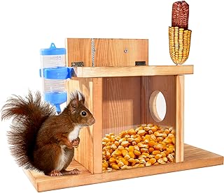 ChezMax Squirrel Feeder with Auto Water Bottle, Wooden Durable Chipmunk House with Corn Cob Holder, Hanging Squirrel Feeding Box Stations for Garden, Easy to Fill & Clean with Removable Front Panel
